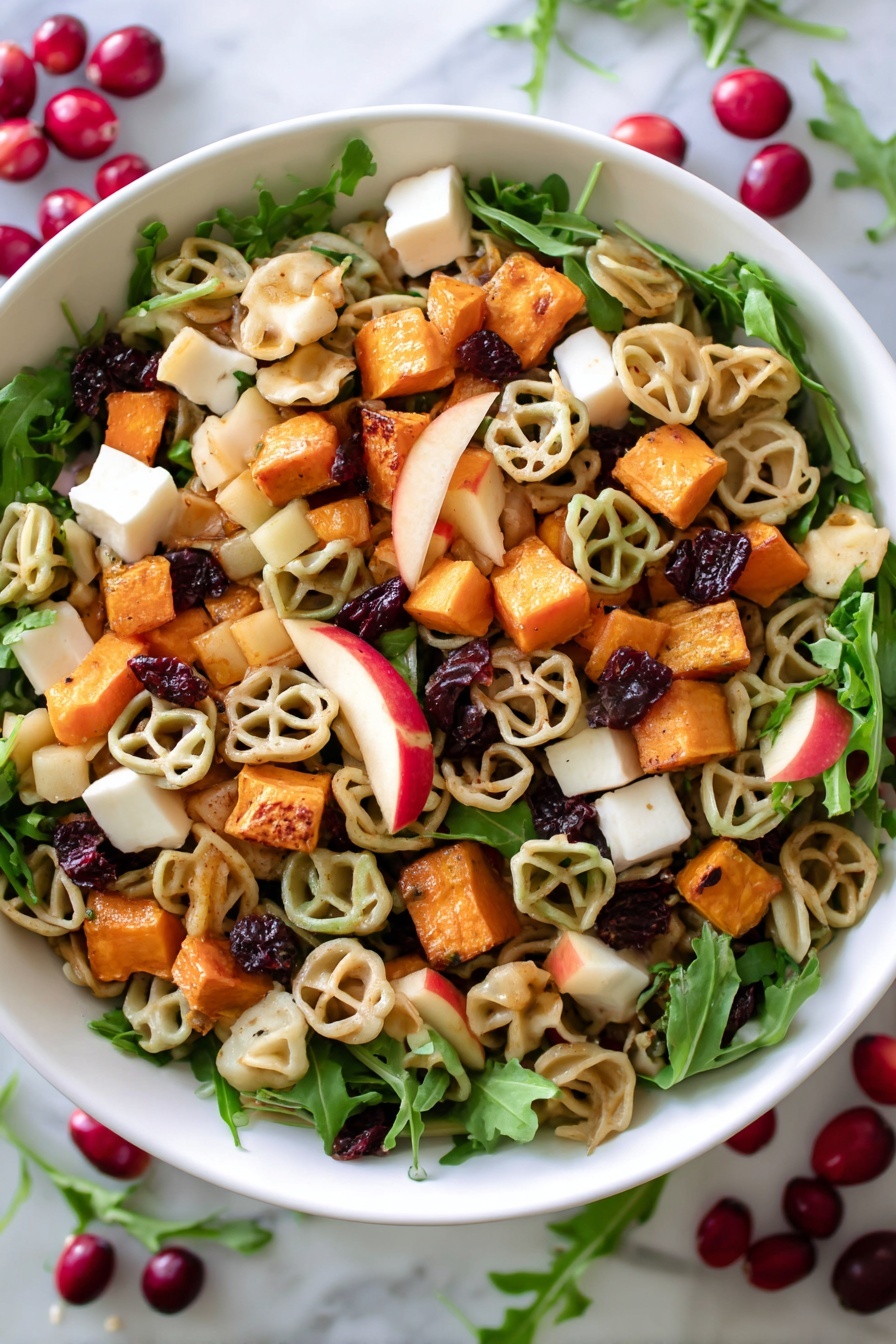 A white bowl filled with a colorful pasta salad that has about five layers: the bottom layer is shaped pasta in light beige and light green shades with fun designs, the second layer has bright orange roasted sweet potato cubes scattered throughout, the third layer consists of small bright red apple cubes, the fourth layer includes green arugula leaves spread evenly over the salad, and the top layer has small dark red dried cranberries and finely chopped red onion pieces adding texture and contrast; the bowl rests on a white marbled surface with a few bright red fresh cranberries nearby, photo taken with an iphone --ar 2:3 --v 7