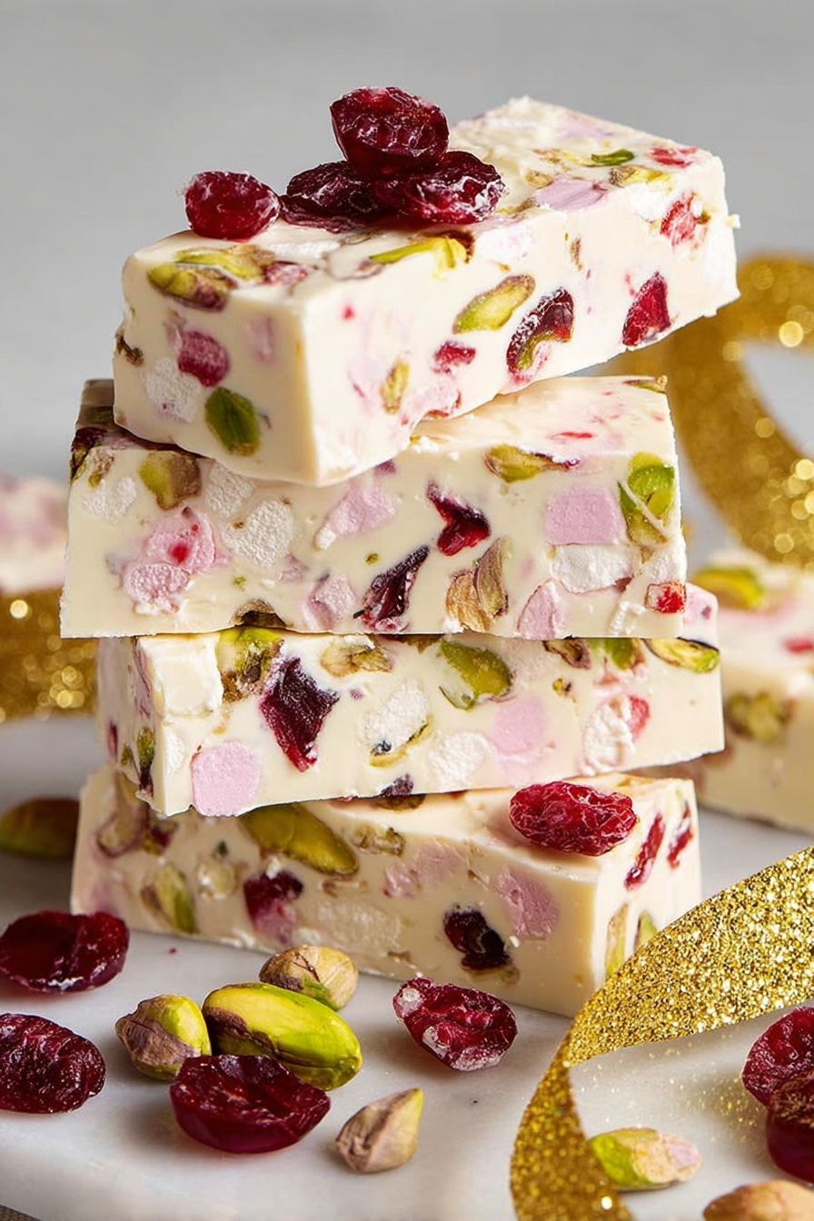The image shows a stack of five pieces of white nougat with visible chunks of pink marshmallows, green pistachios, and red cherries mixed evenly throughout each piece. The nougat bars are arranged in a slightly tilted stack on a white marbled surface. The surface holds some loose pistachio nuts and cherries scattered around for decoration. In the background, there is a shiny gold ribbon adding a festive touch. The lighting is bright, showing the creamy texture and colors clearly. photo taken with an iphone --ar 2:3 --v 7