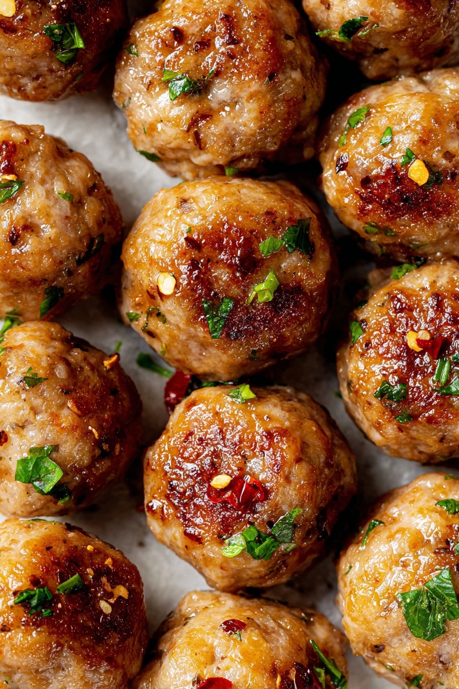 The image shows a close-up of several round meatballs arranged in a tight pattern. Each meatball has a golden-brown, slightly crispy outer layer with a glistening texture. Small patches of green herbs, likely parsley, are sprinkled unevenly across the meatballs, adding bright green highlights. Tiny bits of red chili flakes and coarse salt crystals are scattered on the surface, providing pops of red and white color. The background is a white marbled texture that contrasts with the warm tones of the meatballs. photo taken with an iphone --ar 2:3 --v 7