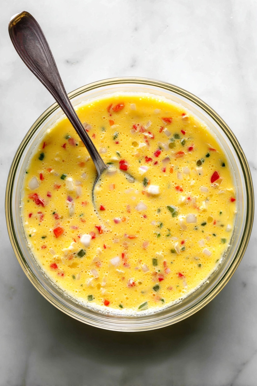The image shows a white plate with an elegant embossed edge, sitting on a white marbled surface with a green cloth underneath. On the plate, there are two golden pancakes stacked slightly on the left side, topped with a thick, dark purple berry sauce and dollops of white whipped cream swirled with the berry sauce. To the right, there are four small round egg muffins filled with visible chunks of red bell pepper, green herbs, and bits of ham; one muffin is cut in half, showing the colorful inside. The colors are vibrant with contrasting textures between the soft pancakes, glossy sauce, creamy whipped topping, and firm egg muffins. The photo was taken with an iphone --ar 2:3 --v 7