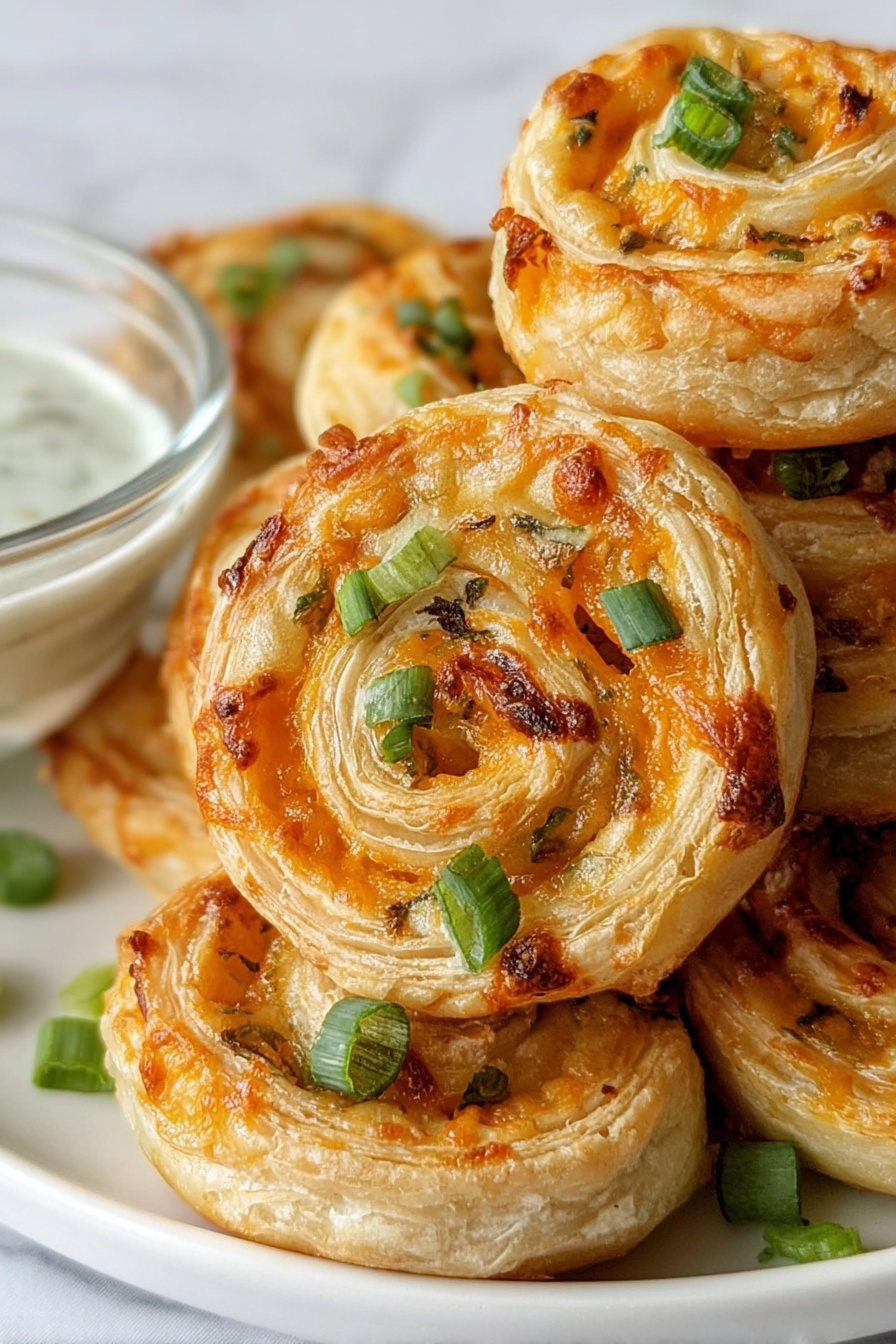 The image shows a close-up of multiple puff pastry pinwheels stacked on a white plate, placed on a white marbled surface. Each pinwheel has three visible layers: a light golden-brown outer flaky crust, a middle spiral layer of melted orange cheese, and a soft, slightly darker beige layer of dough inside. Small green onion pieces are sprinkled on top, adding a fresh green contrast. A small glass bowl with a white creamy dip is partially visible to the left side. The pinwheels show a lightly toasted texture with some browned spots on the cheese layer. Photo taken with an iphone --ar 2:3 --v 7