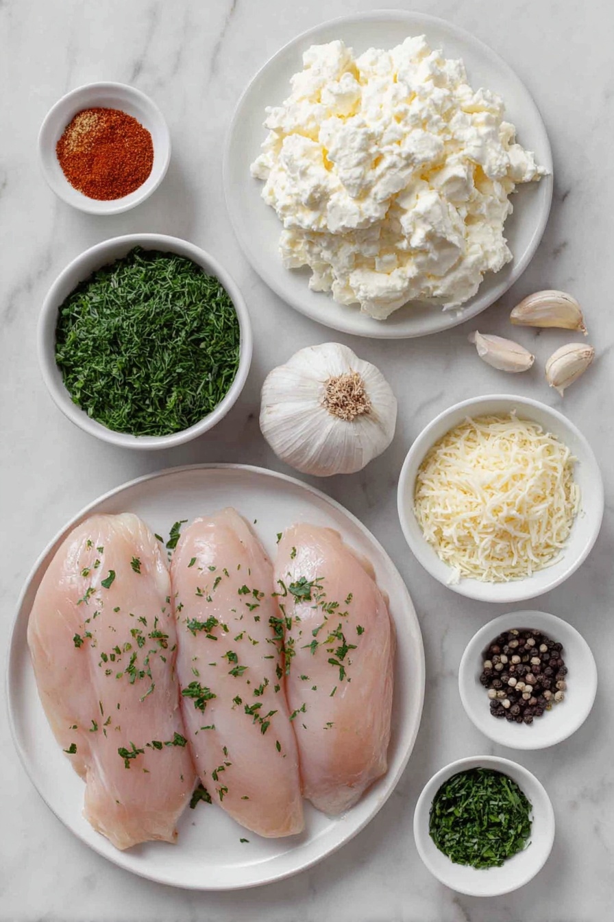 Flat lay of four raw chicken breasts, a small mound of softened cream cheese on a simple white ceramic plate, three whole garlic cloves, a small white bowl of minced fresh parsley, a small white bowl of chopped fresh chives, a small white bowl of chopped fresh dill, a small white bowl filled with grated Parmesan cheese, a small white bowl with panko breadcrumbs, a small white bowl containing garlic powder, another small white bowl with paprika, a small white bowl of coarse salt, and a small white bowl holding whole black peppercorns, all ingredients fresh and natural arranged with perfect symmetry and balanced proportions, placed on a clean white marble surface, soft natural light, photo taken with an iPhone, professional food photography style, fresh ingredients, white ceramic bowls, no bottles, no duplicates, no utensils, no packaging --ar 2:3 --v 7 --p m7354615311229779997