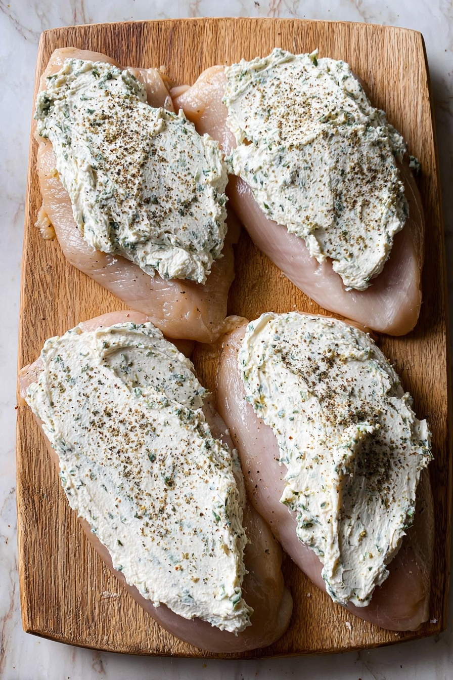 The image shows a close-up of a crispy breaded chicken cut into two pieces placed on a white plate with a patterned edge. The top piece is cut to show the layers inside: a golden-brown crunchy crust on the outside, tender white chicken meat in the middle, and a creamy white filling mixed with green herbs layered inside. Small bits of fresh green herbs are sprinkled both on the filling and crust for color. The plate is set on a white marbled surface with a wooden object and a glass bowl blurred in the background. Photo taken with an iphone --ar 2:3 --v 7