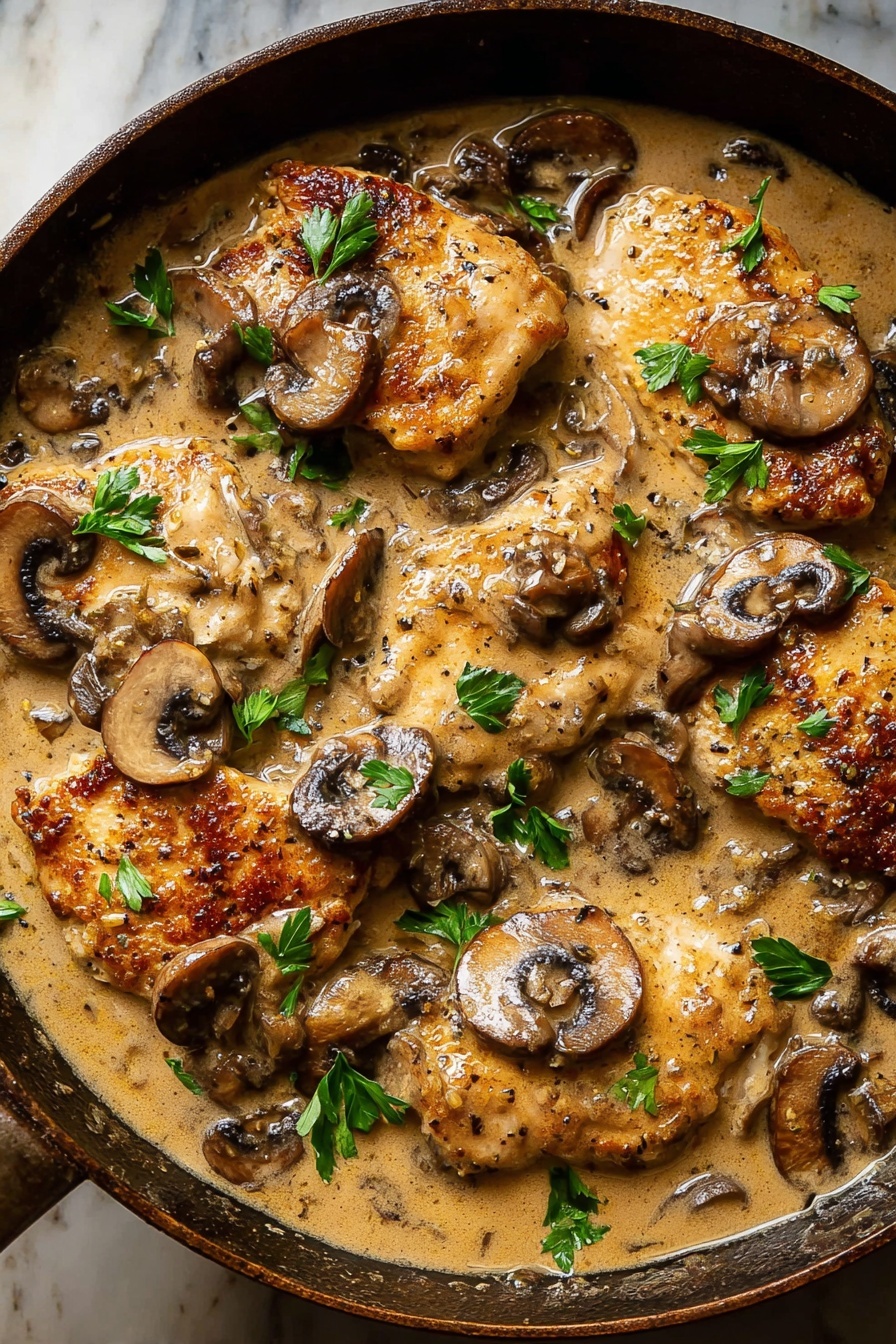 A skillet filled with six golden brown cooked chicken pieces covered in a creamy light brown sauce, scattered with sliced cooked mushrooms that are dark brown with soft texture, and small pieces of onions mixed into the sauce. Bright green parsley leaves are placed on top as garnish, adding a fresh touch. The dish has visible black pepper specks on the sauce and chicken, all sitting in a rustic black pan on a white marbled surface. photo taken with an iphone --ar 2:3 --v 7