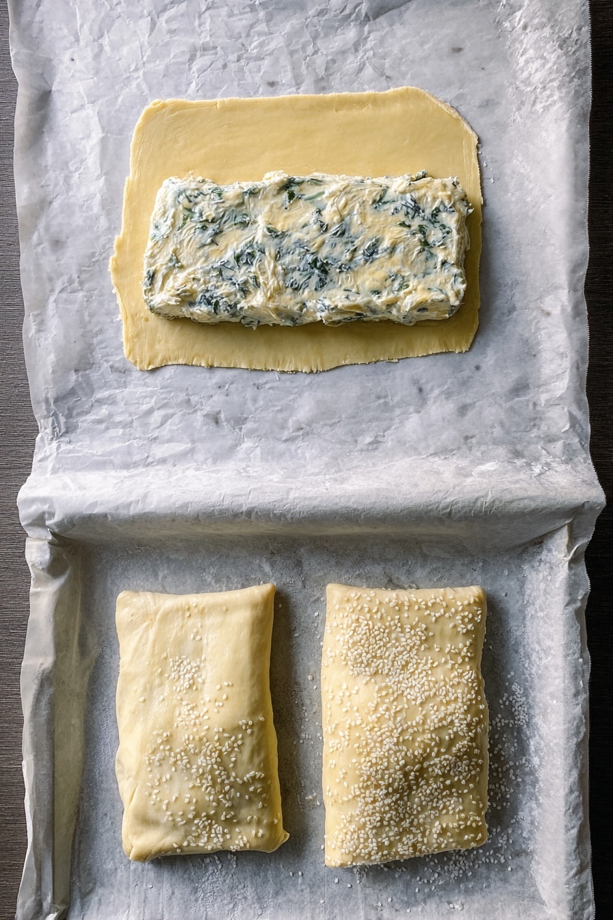 A white plate holds three main parts: on the left side, there is a stack of bright green broccoli florets with a fresh, slightly bumpy texture; next to the broccoli, in the center, a golden brown square pastry with thin, crisp layers topped with sesame seeds, showing a slightly glossy surface; on the right side, a neat mound of soft, fluffy white rice with visible grain details. The plate sits on a white marbled surface, creating a clean and simple look. Photo taken with an iphone --ar 2:3 --v 7