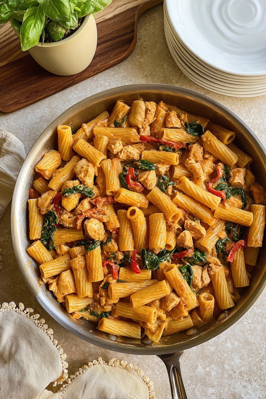A metal pan filled with rigatoni pasta mixed with chunks of cooked chicken, wilted green spinach leaves, and strips of red bell pepper, all coated in a light orange sauce. The pasta is tubular and ridged, the chicken pieces are light golden brown and unevenly shaped, and the spinach adds small leafy green pops throughout. The pan sits on a light-colored countertop beside two stacked white plates with two metal forks resting on the top plate. A small green plant in a beige pot sits on a wooden board in the top left corner. A beige cloth napkin with a scalloped edge is near the bottom left corner. photo taken with an iphone --ar 2:3 --v 7