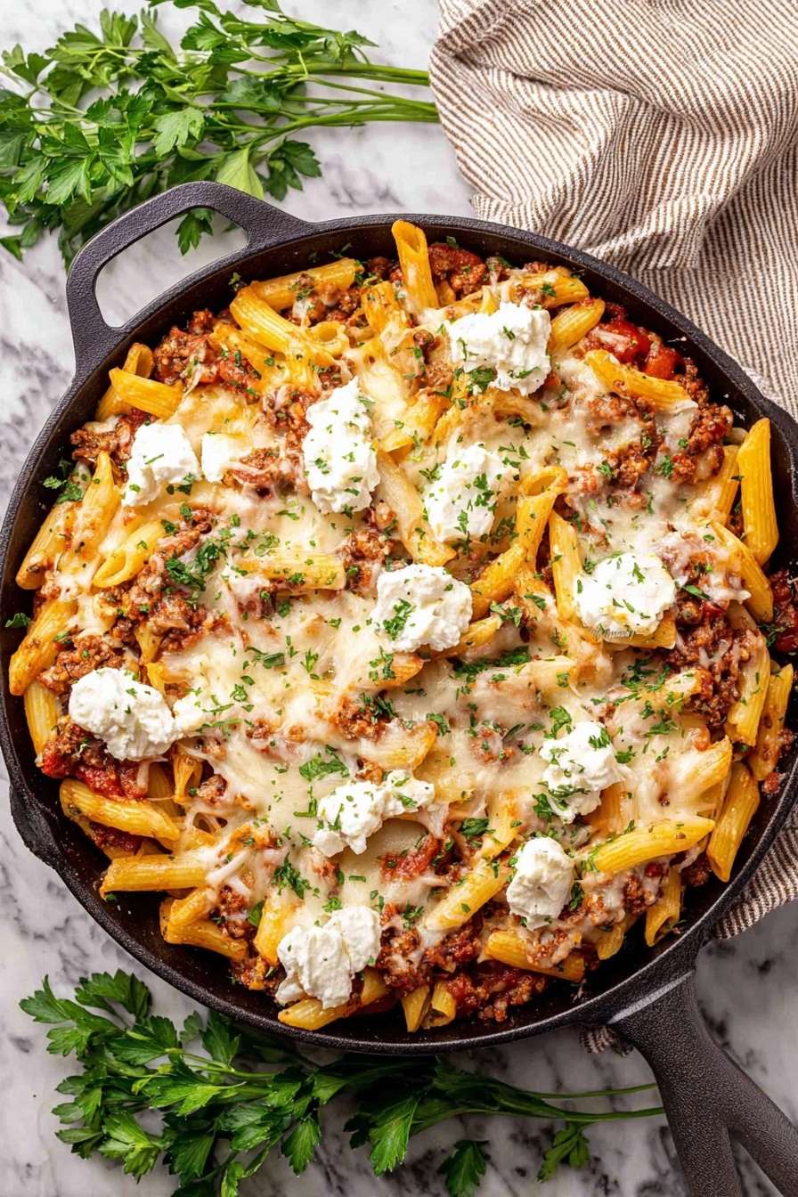 A black cast iron skillet filled with baked pasta, showing about three layers: at the bottom is a mix of yellow penne pasta and chunky red tomato sauce with browned ground meat, the middle layer has melted golden-brown cheese spread unevenly, and dollops of creamy white ricotta cheese are scattered on top. Small green parsley leaves are sprinkled over the entire dish, adding fresh color. The skillet sits on a surface with a white marbled texture, and some sprigs of fresh parsley are arranged around it. A beige cloth with a striped pattern is casually draped in the upper right corner. Photo taken with an iphone --ar 2:3 --v 7