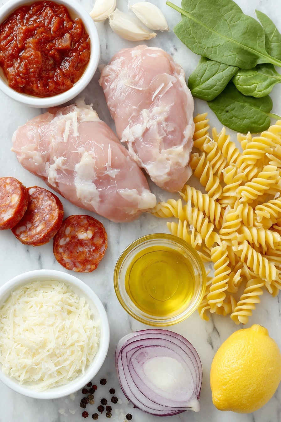 Flat lay of dried penne pasta, two boneless skinless chicken thighs with natural pink hues, a few thin slices of bright red Spanish chorizo rounds, half a small fresh red onion finely diced, three whole fresh garlic cloves, a small white ceramic bowl of deep red tomato paste, a small white bowl of creamy heavy cream, a small white bowl filled with finely grated pale yellow Parmesan cheese, a small white bowl of golden olive oil, a few fresh baby spinach leaves, one fresh lemon half with vibrant yellow color, sprinkled salt and freshly cracked black peppercorns loosely scattered, all arranged in perfect symmetry on a simple clean white marble surface, soft natural light, photo taken with an iPhone, professional food photography style, fresh ingredients, white ceramic bowls, no bottles, no duplicates, no utensils, no packaging --ar 2:3 --v 7 --p m7354615311229779997