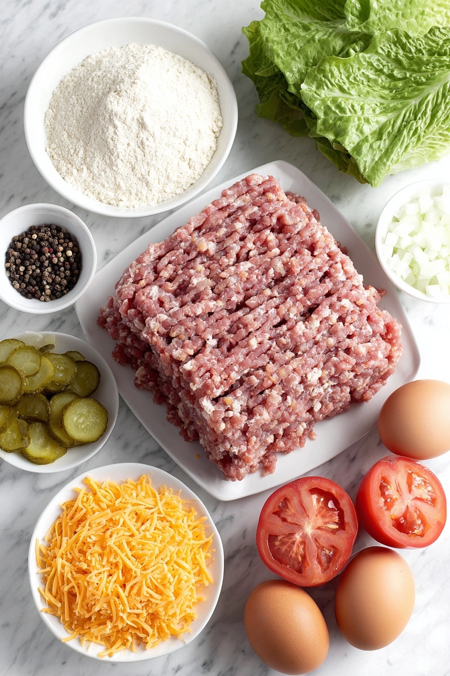 Flat lay of chopped raw bacon slices, a mound of raw ground beef, finely diced white onion, a small white bowl of salt crystals, a small white bowl of black peppercorns, a small white bowl of garlic powder, a small heap of shredded bright orange cheddar cheese, a small white bowl of pale baking mix, a small white bowl of fresh milk, two whole uncracked brown eggs, fresh green lettuce leaves, ripe red diced tomatoes, and sliced green pickles arranged in perfect symmetry on simple white ceramic dishes, placed on a clean white marble surface, soft natural light, photo taken with an iPhone, professional food photography style, fresh ingredients, white ceramic bowls, no bottles, no duplicates, no utensils, no packaging --ar 2:3 --v 7 --p m7354615311229779997
