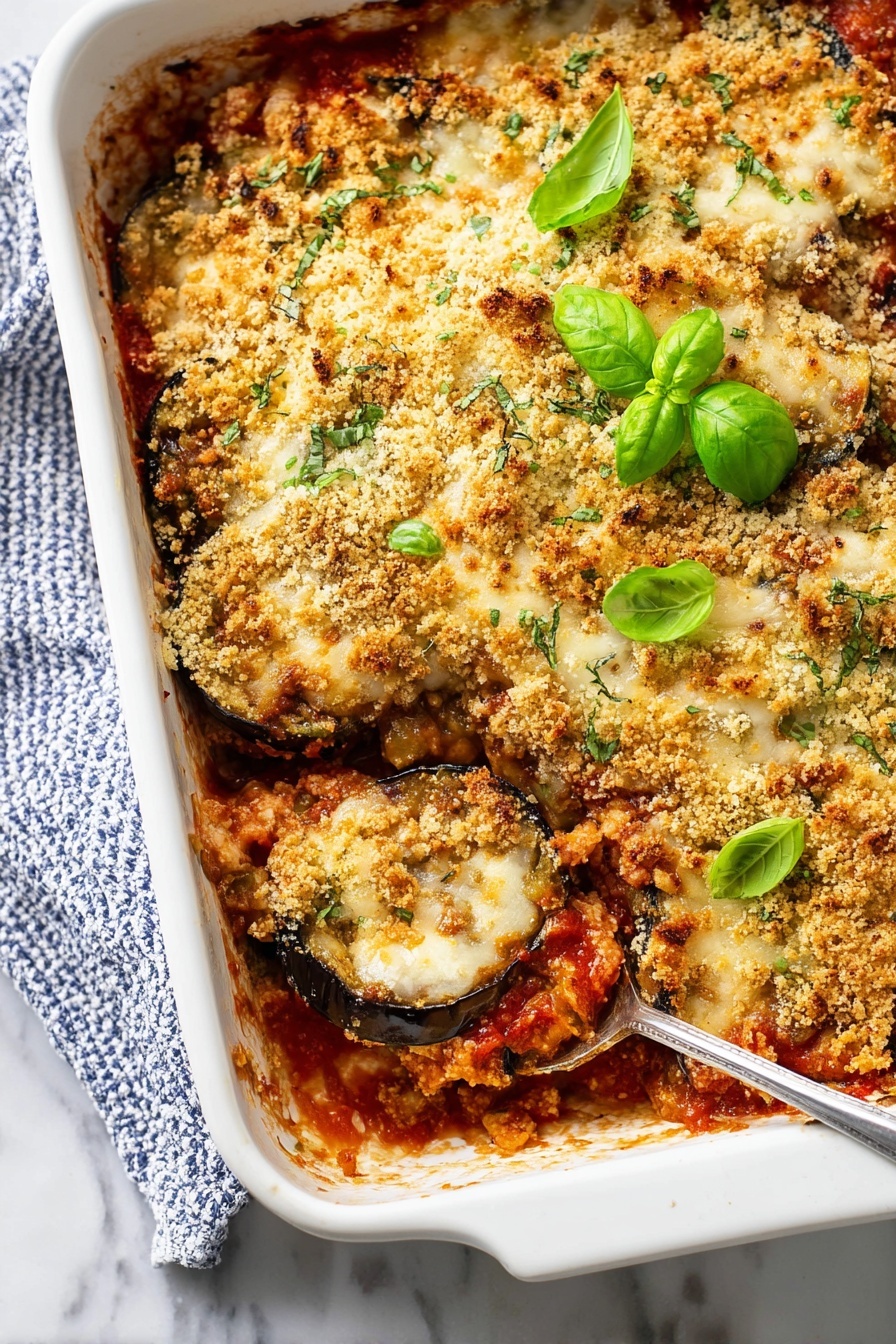 The image shows a baked dish in a white rectangular baking dish placed on a white marbled surface with a blue and white checkered cloth beside it. The dish has multiple layers starting with a base of red tomato sauce visible around the edges, topped with slices of dark purple eggplant. Over the eggplant, there is a layer of melted light golden cheese mixed with tomato sauce, followed by a thick, crumbly, golden brown breadcrumb topping sprinkled with small green herb bits and decorated with fresh green basil leaves. A silver serving spoon is placed inside the dish, scooping out some of the layered food. The dish looks hot and melted with rich textures that mix crispy and soft elements. photo taken with an iphone --ar 2:3 --v 7