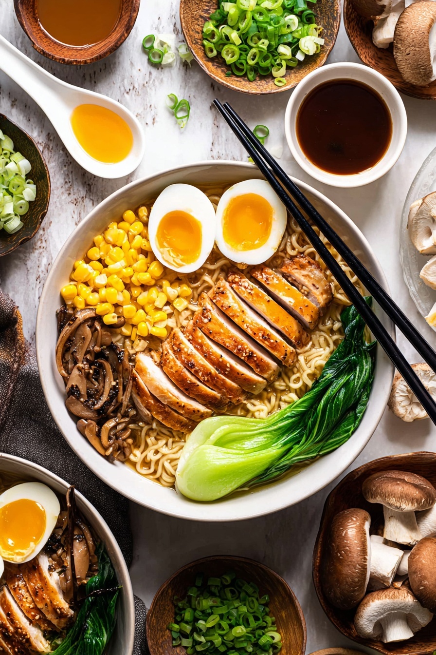 A bowl filled with ramen noodles forms the base layer, light beige with a springy texture. On top, sliced golden brown grilled chicken arranged in a neat line covers half the bowl’s center. To the right, bright green bok choy leaves sit upright with a crisp texture. Half of a soft-boiled egg with a shiny, deep orange yolk and white surrounds is placed next to the bok choy. At the bottom left, tender mushroom slices with a brown and cream spongy look lean against the noodles. Bright yellow corn kernels are grouped in a small pile near the top left. Thinly sliced green onions add a fresh pop of color near the bottom right. A pair of black chopsticks rest on the edge, crossing the bowl. The bowl is white and round, placed on a white marbled surface, surrounded by small bowls of sauce and chopped green onions, whole mushrooms, and a white ceramic spoon. photo taken with an iphone --ar 2:3 --v 7