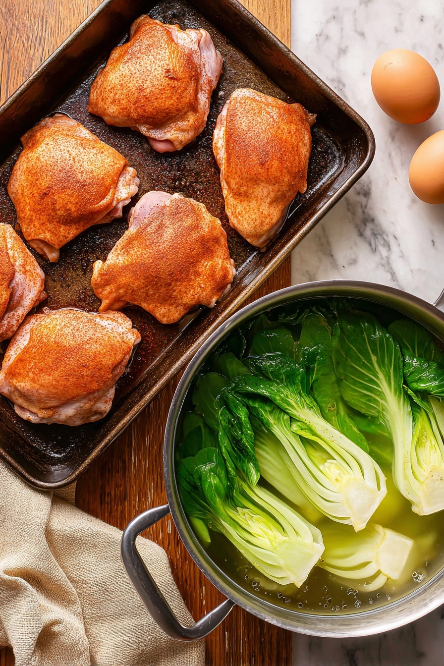A white bowl filled with ramen shows layers starting with a base of light brown broth and curly beige noodles. On one side, there are green leafy vegetables and near them, a large piece of green bok choy with shiny leaves. Next to this, three slices of golden brown grilled chicken are sprinkled with white sesame seeds. Bright yellow corn kernels form a small pile on another side. Half a soft-boiled egg with a yellow yolk and white edge rests in the broth. A woman's hand holding black chopsticks lifts a generous amount of noodles toward the center. The background is a white marble surface. photo taken with an iphone --ar 2:3 --v 7