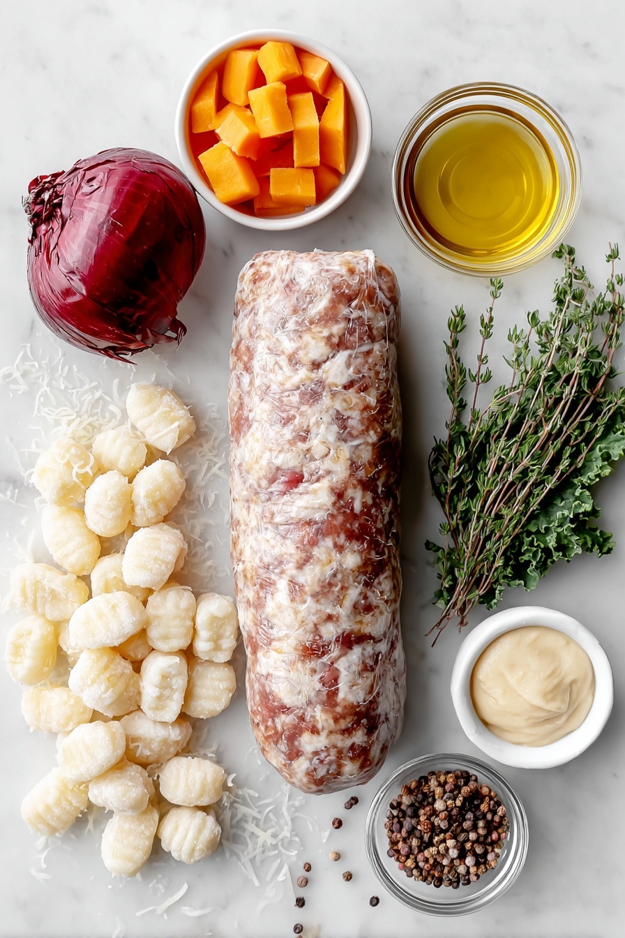 Flat lay of a small mound of fresh potato gnocchi, peeled and cubed bright orange butternut squash, thick slices of deep purple-red onion, a handful of loosely packed curly green kale leaves, a bundle of fresh thyme sprigs, a pile of grated pale ivory Parmesan cheese, a whole uncooked turkey sausage log with natural casing removed, a small white ceramic bowl of golden extra-virgin olive oil, a small white ceramic bowl of amber apple cider vinegar, a small white ceramic bowl of creamy pale beige white miso paste, and a small white ceramic bowl of smooth yellow Dijon mustard, all arranged with perfect symmetry on a clean white marble surface, soft natural light, photo taken with an iPhone, professional food photography style, fresh ingredients, white ceramic bowls, no bottles, no duplicates, no utensils, no packaging --ar 2:3 --v 7 --p m7354615311229779997