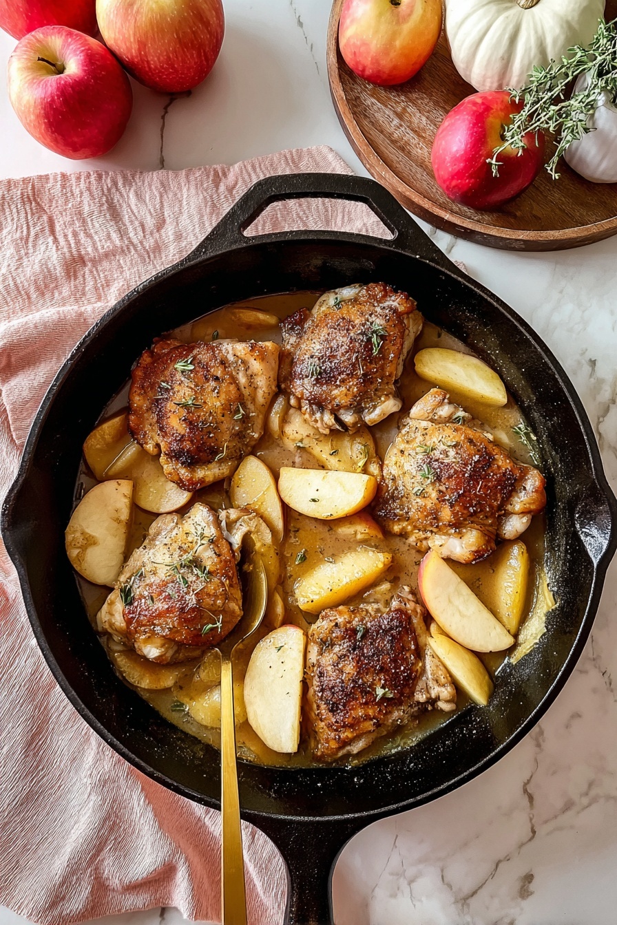 In a black cast iron skillet, there are four browned chicken pieces with visible seasoning on top, each resting in a light brown sauce. Around and between the chicken pieces are soft, pale yellow apple slices that are slightly cooked, soaking in the sauce. A gold-colored spoon sits in the skillet, leaning on the edge with a few apple slices on it. The skillet is placed on a white marbled surface with two red apples, a pale pink cloth, and a round wooden tray holding a white pumpkin and a small plant, visible in the background. photo taken with an iphone --ar 2:3 --v 7
