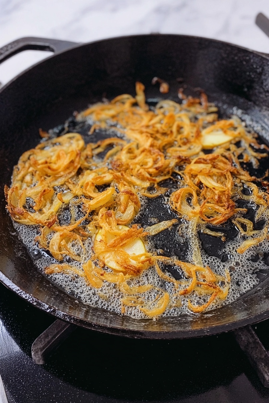 A white plate sits on a white marbled surface, holding a layered dish with three main sections: the base layer is a smooth, bright orange puree, topped with thin, tender slices of pale yellow potatoes arranged around the edges. On top of the potatoes lay two pieces of golden-brown roasted chicken with crisped skin and a sprinkle of dried herbs and black pepper. Lightly caramelized onions with a slightly translucent, soft texture are scattered over the chicken, all covered in a light brown sauce that pools gently at the base of the plate. A fork with an off-white handle rests on the left side of the plate, and a soft beige cloth is placed nearby. In the background, a cast iron skillet with more chicken in the same sauce is partially visible. Photo taken with an iphone --ar 2:3 --v 7