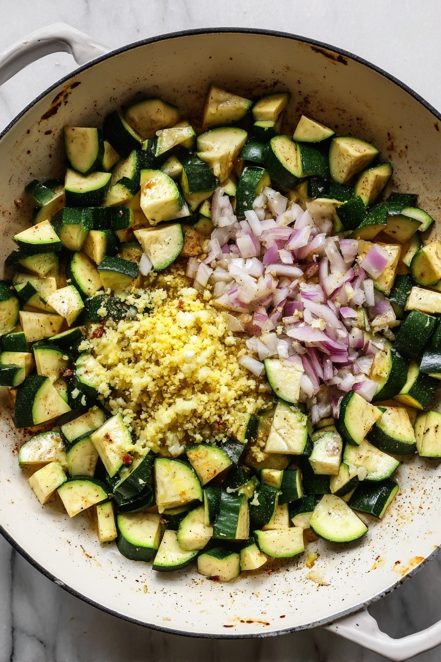 A bowl filled with a layer of white rice at the bottom, topped with cooked ground meat mixed with sautéed green zucchini slices and small bits of onions, giving a brown and green textured mix spread evenly over the rice. The dish is garnished with fresh bright green basil leaves scattered on top and a green lime wedge with red chili flakes resting on one side. The bowl is white and round, set on a white marbled surface with a white and gold spoon partially inside the bowl. Photo taken with an iphone --ar 2:3 --v 7