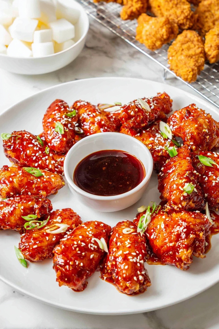 On a white plate, there are eleven pieces of fried chicken wings coated in a shiny, sticky orange-red sauce, arranged in a circle around a small white bowl filled with dark red dipping sauce. The wings are sprinkled with white sesame seeds and small green onion slices, adding contrast to the vivid sauce. In the background, on a white plate to the left, there are white cubes of pickled radish, and behind them, crispy golden fried chicken pieces rest on a wire rack. All of this sits on a white marbled surface. photo taken with an iphone --ar 2:3 --v 7