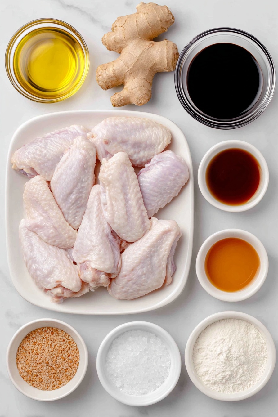 Flat lay of whole chicken wings with pale pink skin, two whole uncracked brown garlic bulbs, a small cluster of fresh ginger root with light brown skin and knobby shape, a few fresh green mirin leaves or a small white bowl of clear mirin liquid, a small white bowl filled with fine white sea salt crystals, a small white bowl containing golden vegetable oil, a small white ceramic bowl of white all-purpose flour powder, a small white bowl with white baking powder powder, a small white bowl of amber honey, a small white bowl of dark brown soy sauce, a small white bowl of deep red gochujang paste, a small white bowl of dark reddish hoisin sauce, a small white bowl of clear rice wine vinegar, a small white bowl of toasted sesame oil with a rich amber hue, a small white bowl of vibrant red ketchup, a small white bowl of bright red seedless strawberry jam, a small white bowl of granulated white sugar, a small white bowl of water, a small white bowl of coarse salt crystals placed on a clean white marble surface, soft natural light, photo taken with an iPhone, professional food photography style, fresh ingredients, white ceramic bowls, no bottles, no duplicates, no utensils, no packaging --ar 2:3 --v 7 --p m7354615311229779997