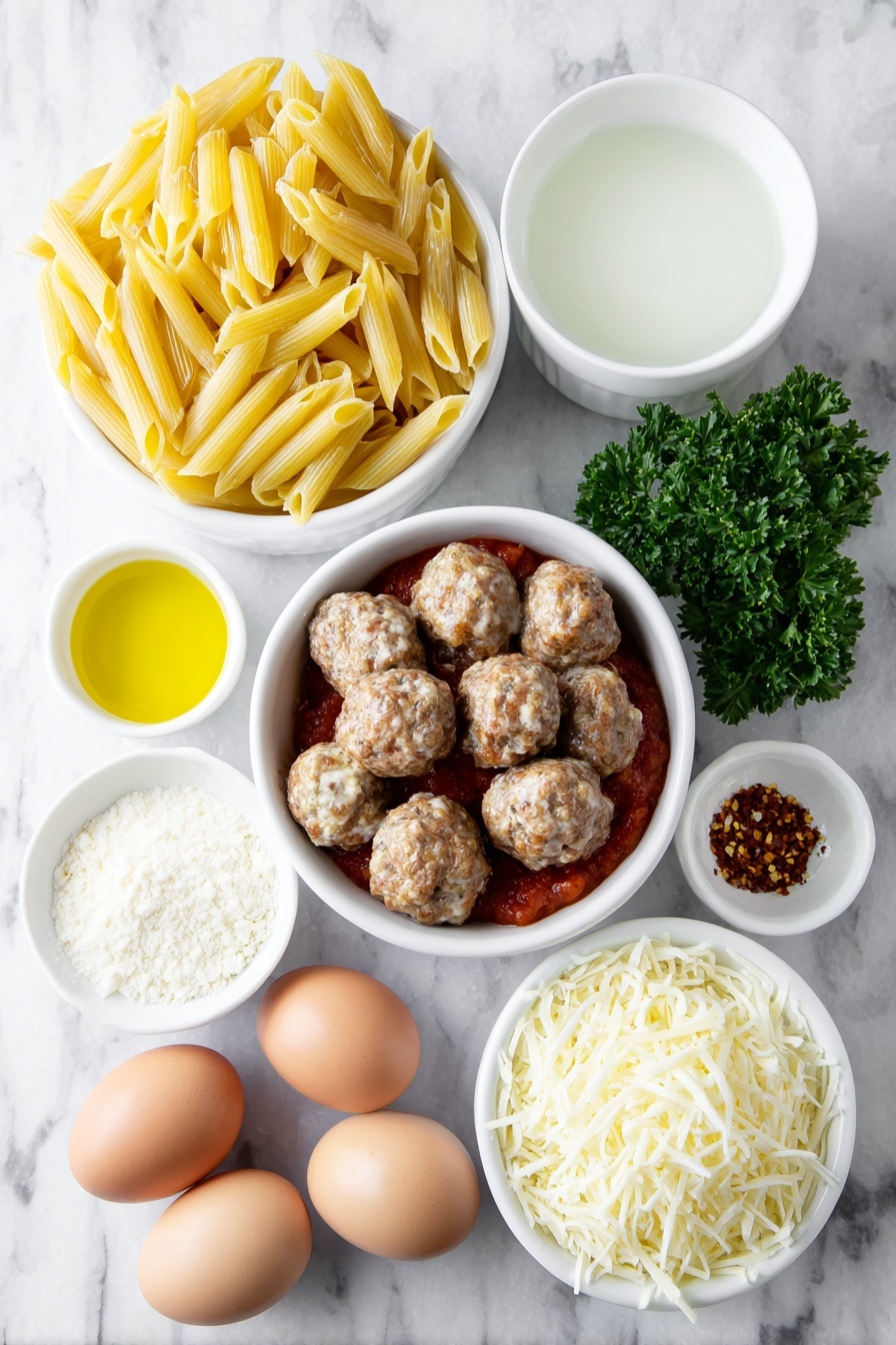 Flat lay of dry penne pasta scattered beside a simple white ceramic bowl filled with bright red marinara sauce, a neat pile of golden-brown cooked meatballs arranged on a white plate, a small white bowl holding pale chicken stock, another small white bowl with clear water, a third small white bowl filled with creamy white milk, a pinch of mixed Italian seasoning and red pepper flakes elegantly displayed side by side on a white ceramic plate, a small white bowl of rich golden olive oil, a small mound of finely shredded pale Parmesan cheese, a similar amount of fluffy shredded mozzarella cheese on a white dish, a few fresh sprigs of bright green chopped parsley, and two uncracked brown eggs placed neatly together all placed on a clean white marble surface, soft natural light, photo taken with an iPhone, professional food photography style, fresh ingredients, white ceramic bowls, no bottles, no duplicates, no utensils, no packaging --ar 2:3 --v 7 --p m7354615311229779997
