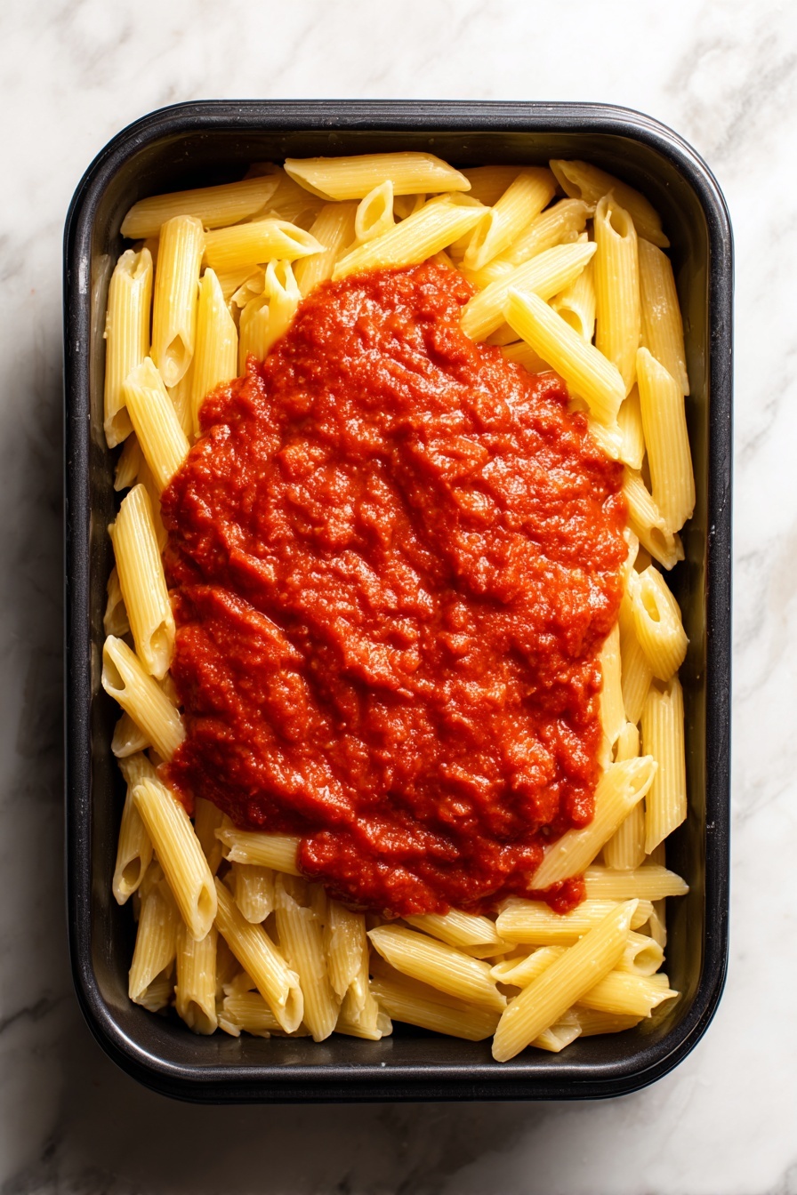 The image shows a close-up of a white bowl filled with penne pasta and round meatballs mixed in a thick, orange-red tomato sauce. The pasta is covered in sauce, with some pieces showing soft texture and others slightly firm edges. The meatballs are browned and have a textured surface, partially coated in the sauce. Small green parsley leaves are sprinkled on top, adding a fresh contrast. A silver fork is placed at the back inside the bowl, with a white marbled surface beneath. photo taken with an iphone --ar 2:3 --v 7
