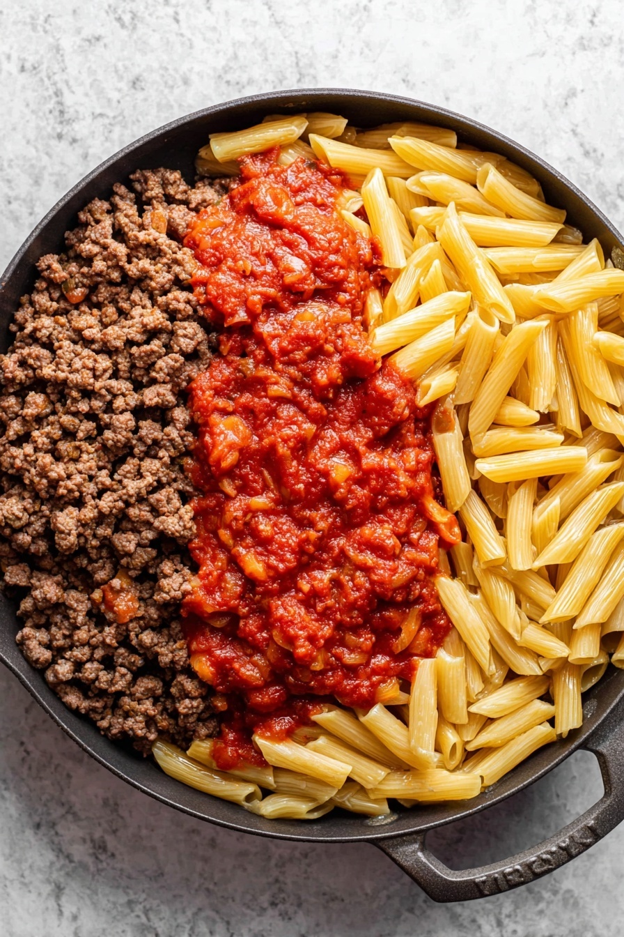 A close-up view of a white bowl filled with layered cooked penne pasta mixed with browned ground meat and chunky red tomato sauce. On top, several dollops of soft white ricotta cheese and melted light brown cheese are spread unevenly, creating a rich texture. Green chopped herbs are sprinkled throughout the dish, adding small bright green spots. A vintage silver fork hooks some pasta on the left side inside the bowl. The bowl sits on a white marbled surface. photo taken with an iphone --ar 2:3 --v 7