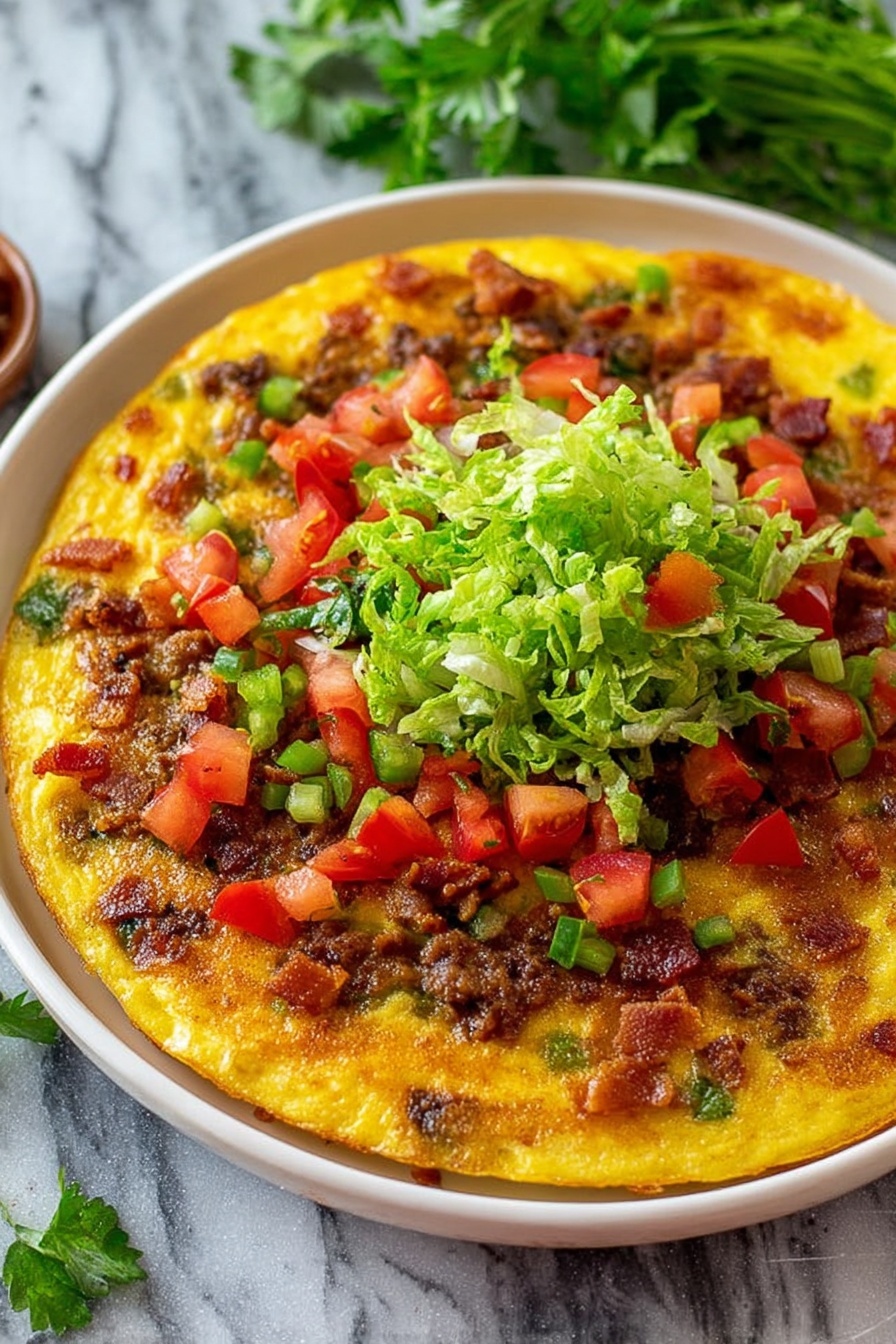 A round omelet on a white plate with a golden-yellow base mixed with brown bits of meat, topped with bright green shredded lettuce in the center, and red diced tomatoes along with small green diced peppers and crispy brown bacon pieces scattered on top, all placed on a white marbled surface with some fresh green herbs slightly visible in the background, photo taken with an iphone --ar 2:3 --v 7