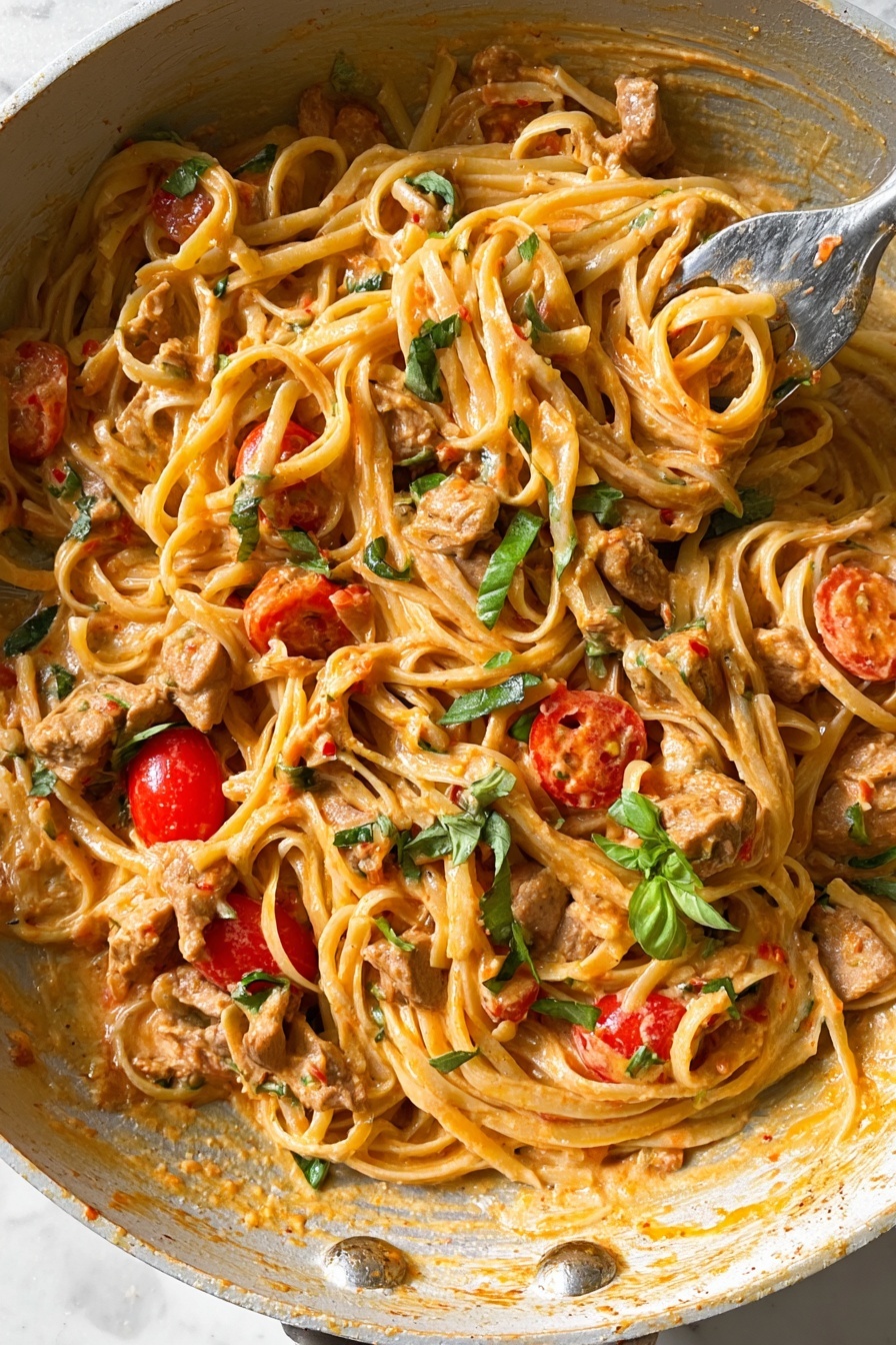 This close-up image shows a creamy pasta dish mixed directly in a large white bowl with a white marbled texture background. The pasta strands are long and coated in a rich, orange-tinted sauce with specks of herbs and spices. Small pieces of light brown cooked meat are scattered throughout, alongside halved cherry tomatoes adding bright red spots and thin strips of fresh green basil leaves on top. The creamy sauce clings to the noodles and meat, giving a smooth, rich texture, with some sauce residue visible on the bowl edges. A silver spatula with sauce on it rests inside the bowl. Photo taken with an iphone --ar 2:3 --v 7