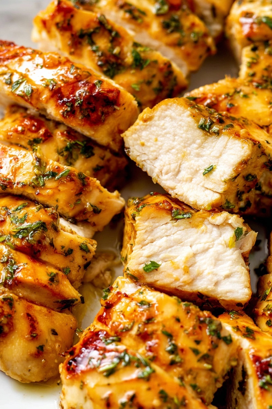 The image shows many slices of cooked chicken pieces stacked close together on a white marbled surface. Each piece has a golden brown outside with a slight glaze that gives it a shiny look, mixed with green herb bits sprinkled over the top. The inside of the chicken is white and juicy. The chicken pieces vary in size, with some showing a bit of light charring or searing marks that add texture. The overall look is warm and flavorful, with a balance of colors from the golden outside, green herbs, and white inside. Photo taken with an iphone --ar 2:3 --v 7