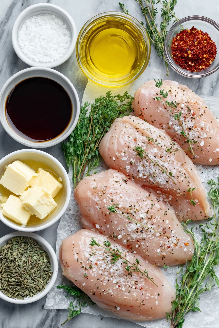 Flat lay of four raw boneless, skinless chicken breasts seasoned with coarse salt and freshly ground black pepper, small white ceramic bowls containing golden honey, melted butter, smooth Dijon mustard, bright yellow mustard, coarse wholegrain mustard, amber hot sauce, clear white vinegar, and deep red paprika powder, and small piles of dried thyme and dried basil leaves arranged symmetrically, all ingredients placed on a clean white marble surface, soft natural light, photo taken with an iPhone, professional food photography style, fresh ingredients, white ceramic bowls, no bottles, no duplicates, no utensils, no packaging --ar 2:3 --v 7 --p m7354615311229779997