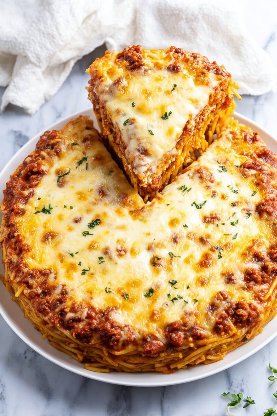 A round white plate holds a baked layered dish with a golden brown melted cheese top that looks bubbly and slightly crispy. A slice is being lifted, showing three main layers: the top layer is thick melted cheese in shades of yellow and light brown, the middle layer is a reddish meat sauce with small chunks, and beneath is a layer of pale white pasta or similar base. Small green herbs are sprinkled on top of the cheese. The background is a white marbled surface with a white cloth nearby. Photo taken with an iphone --ar 2:3 --v 7
