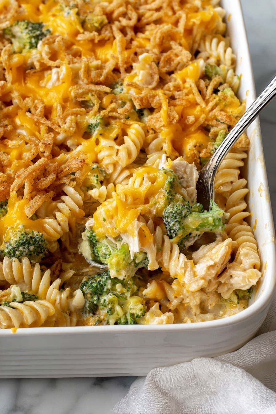 A white rectangular baking dish holds a baked pasta casserole with three visible layers. The bottom layer shows creamy white rotini pasta mixed with tender green broccoli pieces and light beige chicken chunks. The middle layer is covered with bright orange melted cheddar cheese that stretches over the pasta and broccoli. The top layer is sprinkled with golden crispy fried onions that add a crunchy texture. A silver spoon rests inside the dish, lifting a portion of the cheesy pasta and broccoli mix. The dish sits on a white marbled surface with a soft white cloth partially visible at the corner. Photo taken with an iphone --ar 2:3 --v 7