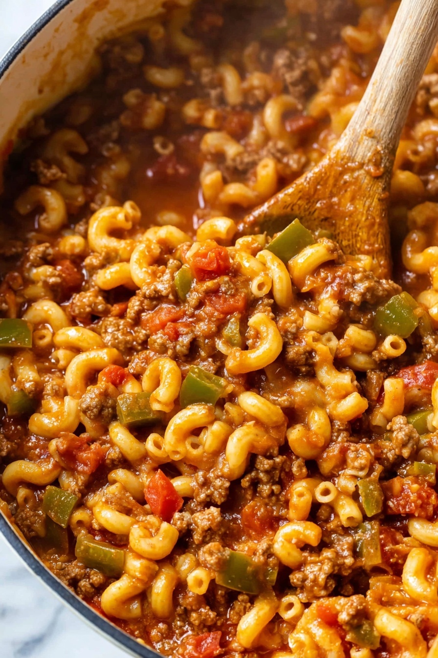 A close-up view of a white pot filled with a mix of cooked elbow macaroni pasta, ground meat, diced green bell peppers, and tomatoes in a thick, reddish-brown sauce. The pasta is evenly coated by the sauce, and the meat and vegetable pieces are scattered throughout. A wooden spoon is partially inserted into the pot, stirring or serving the dish. Steam rises gently, showing the food is hot. The background is a white marbled texture. photo taken with an iphone --ar 2:3 --v 7