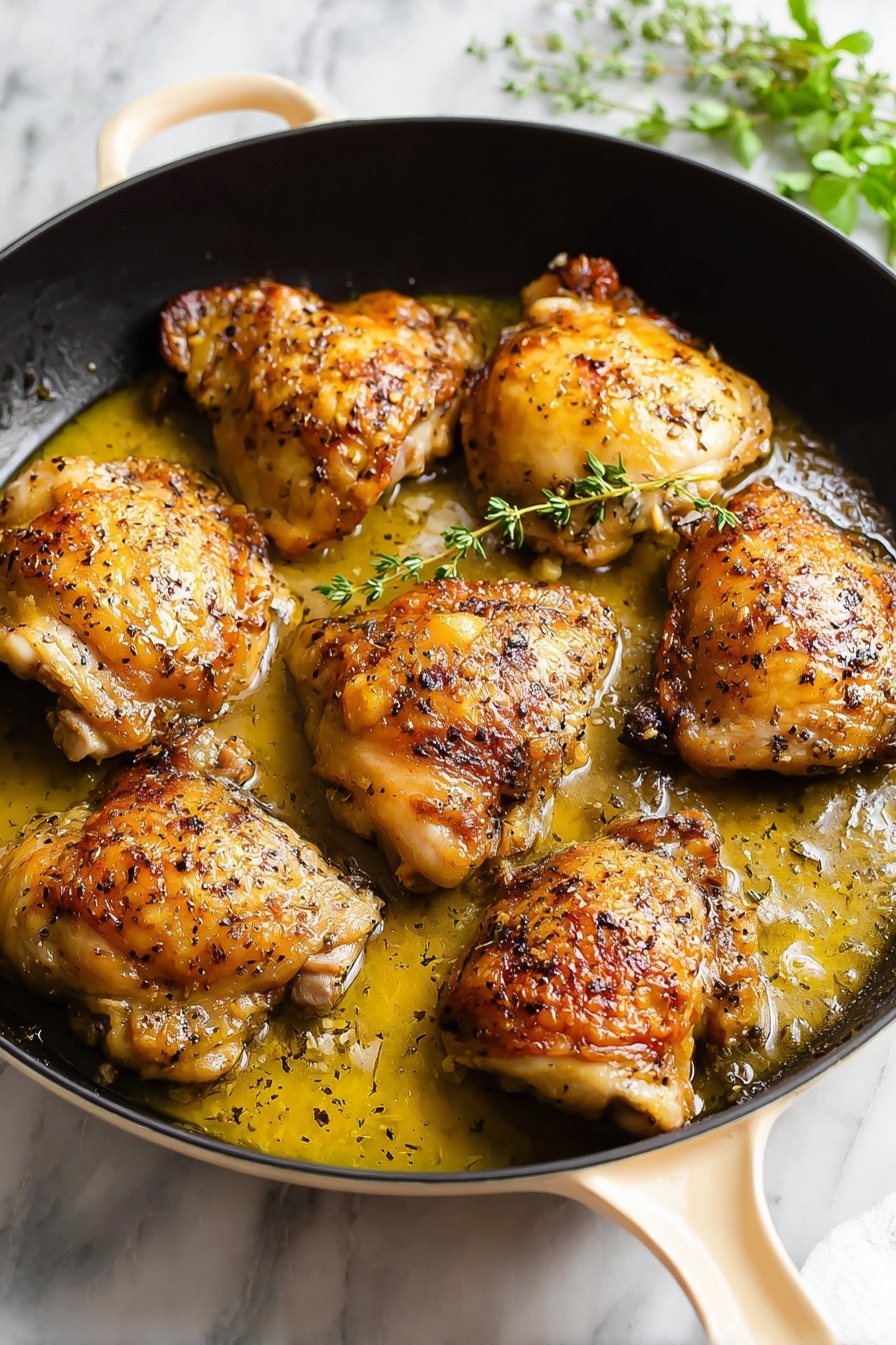A pan filled with eight pieces of golden brown cooked chicken thighs with crispy skin sits in a shallow pool of yellowish cooking oil and herbs. The chicken pieces are scattered across the black interior of a round pan with a beige handle, and the surface under the pan is white marble. Some fresh green herbs are blurred in the background. The skin of the chicken has a shiny, spiced texture with small black pepper specks, and a sprig of fresh thyme lies on top of one piece. The photo taken with an iphone --ar 2:3 --v 7