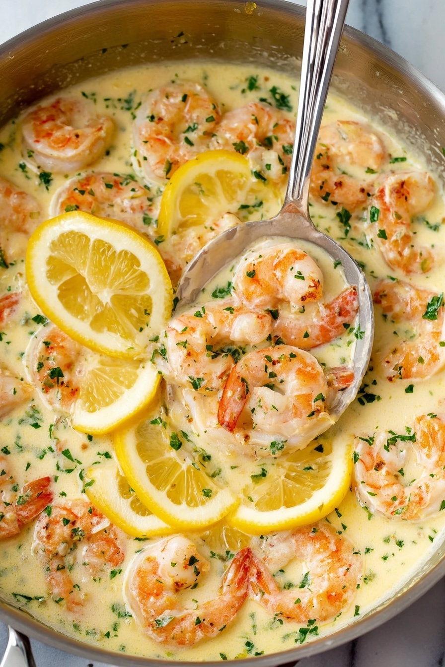 A close-up view of a pan filled with creamy shrimp sauce featuring around twenty pink-orange shrimp scattered evenly throughout. The sauce is light yellow with a smooth, thick texture and is dotted with finely chopped green herbs. Thin lemon slices with bright yellow rinds are mixed in between the shrimp, adding contrast. A large silver spoon is scooping up several shrimp along with some sauce. The background is a white marbled surface. photo taken with an iphone --ar 2:3 --v 7