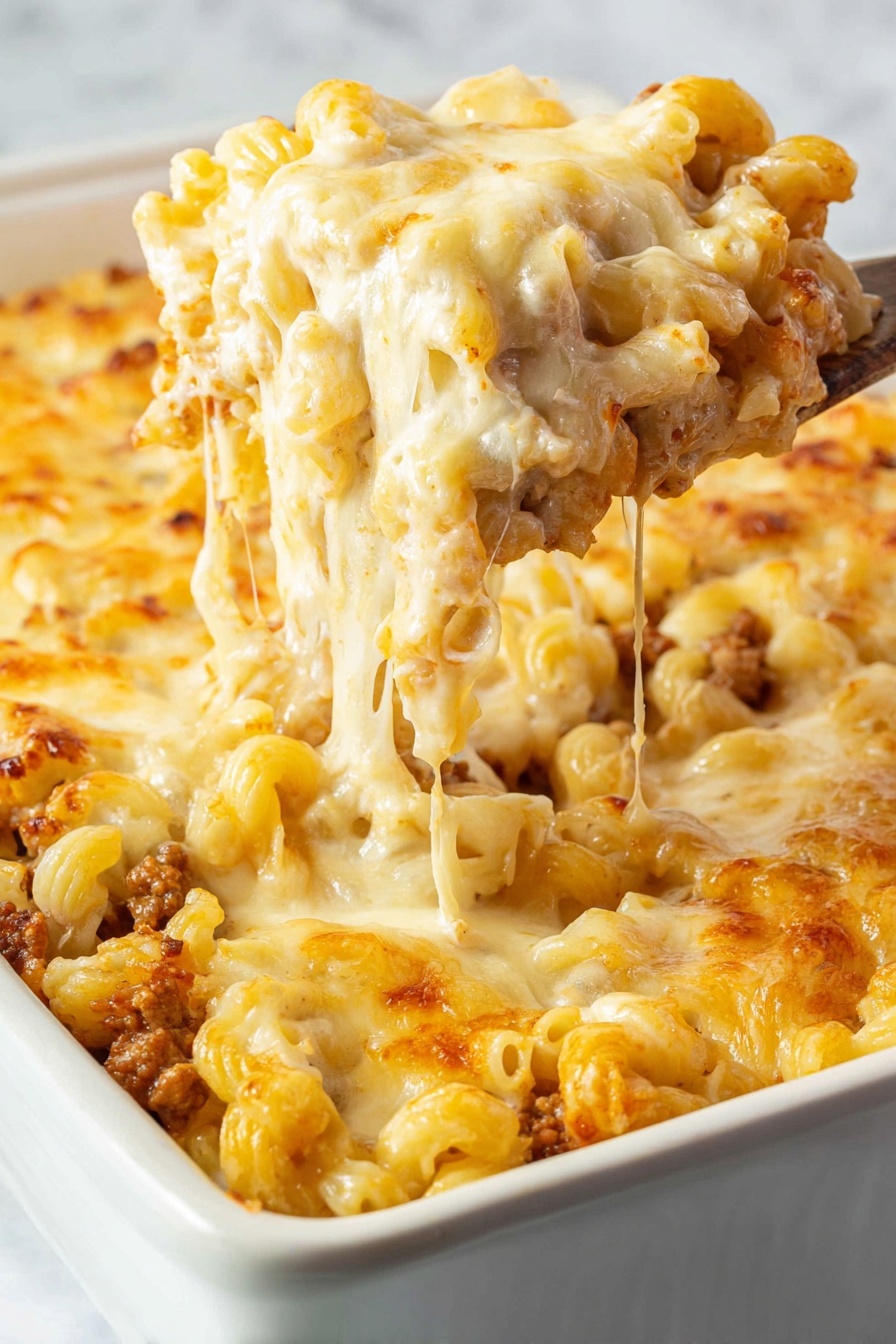 A close-up image shows a cheesy pasta bake being lifted from a white ceramic baking dish with a woman's hand. The dish has several layers: a top layer of melted, creamy, golden cheese stretches and clings to the pasta below; beneath the cheese, there are curls of cooked pasta mixed with a creamy sauce, and bits of browned ground meat can be seen at the bottom layer inside the dish. The pasta is a yellowish color with a soft, saucy texture, and the melted cheese looks stringy and rich. The baking dish sits on a white marbled surface. photo taken with an iphone --ar 2:3 --v 7