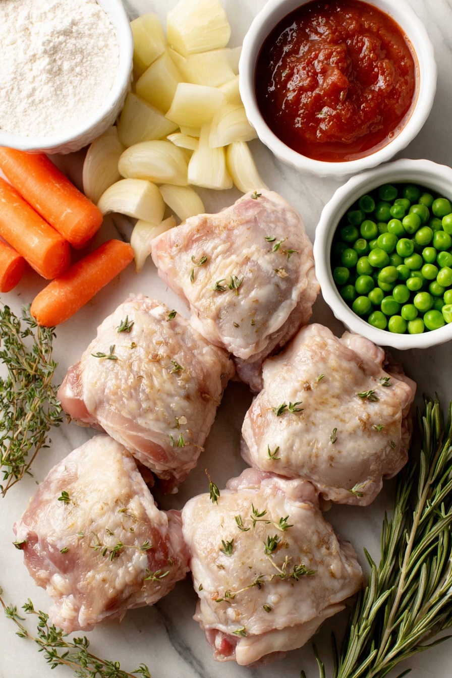 Flat lay of whole bone-in chicken thighs with trimmed fat, a medium yellow onion diced, six peeled garlic cloves, four peeled and sliced medium carrots, a small dollop of thick red tomato paste in a white ceramic bowl, fresh thyme leaves scattered, minced fresh rosemary sprigs, three quartered medium red potatoes, three whole bay leaves, a small white ceramic bowl of chicken broth, a small white ceramic bowl with all-purpose flour, a small white ceramic bowl filled with frozen green peas, finely chopped fresh Italian parsley arranged neatly, placed on a clean white marble surface, soft natural light, photo taken with an iPhone, professional food photography style, fresh ingredients, white ceramic bowls, no bottles, no duplicates, no utensils, no packaging --ar 2:3 --v 7 --p m7354615311229779997