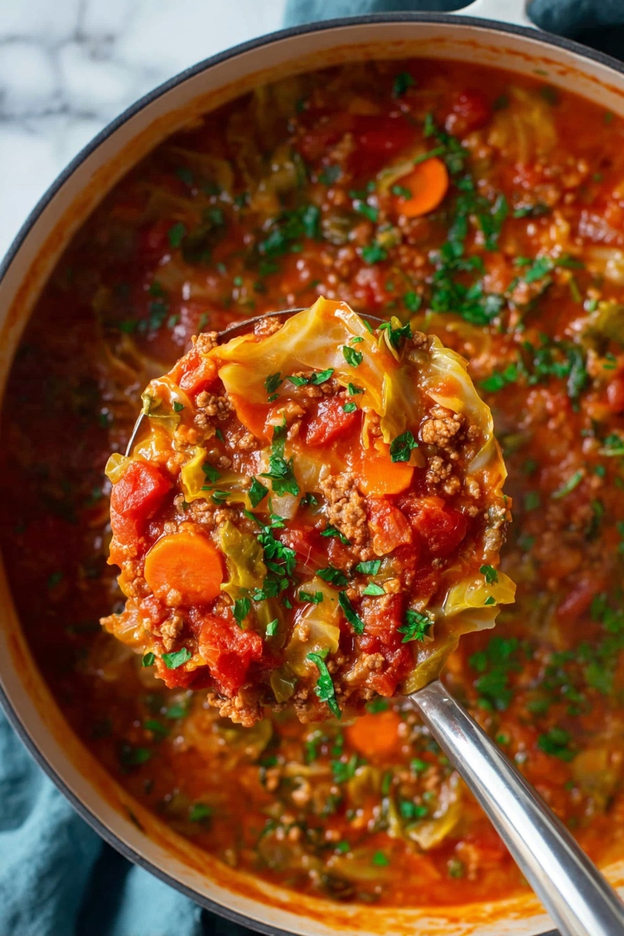 The image shows a close-up of a ladle full of a thick stew held over a white pot filled with the same stew. The stew has several layers: a chunky red-orange tomato base with pieces of ground meat, bright orange carrot slices, soft pale green cabbage pieces, and small diced tomatoes. The stew is topped with fresh chopped green herbs, scattered evenly across the surface. The textures range from smooth and saucy to slightly chunky with visible vegetable and meat bits. The pot sits on a white marbled surface with a soft blue cloth partially visible underneath. photo taken with an iphone --ar 2:3 --v 7