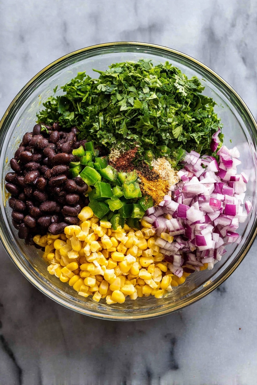 The image shows a white bowl filled with three main layers. At the bottom, there is a base layer of white rice, soft and fluffy in texture. On the right side of the bowl, slices of grilled chicken with a golden-brown, slightly charred outer layer are neatly arranged in a fan shape, drizzled with a light green creamy sauce and garnished with small green herb leaves. On the left side, a colorful mix of yellow corn kernels, black beans, diced red onions, and chopped green herbs adds a fresh, vibrant contrast with a slight sheen, as if lightly tossed in dressing. A silver fork is partially visible on the upper left edge of the bowl. The whole scene is set against a white marbled texture surface. Photo taken with an iphone --ar 2:3 --v 7