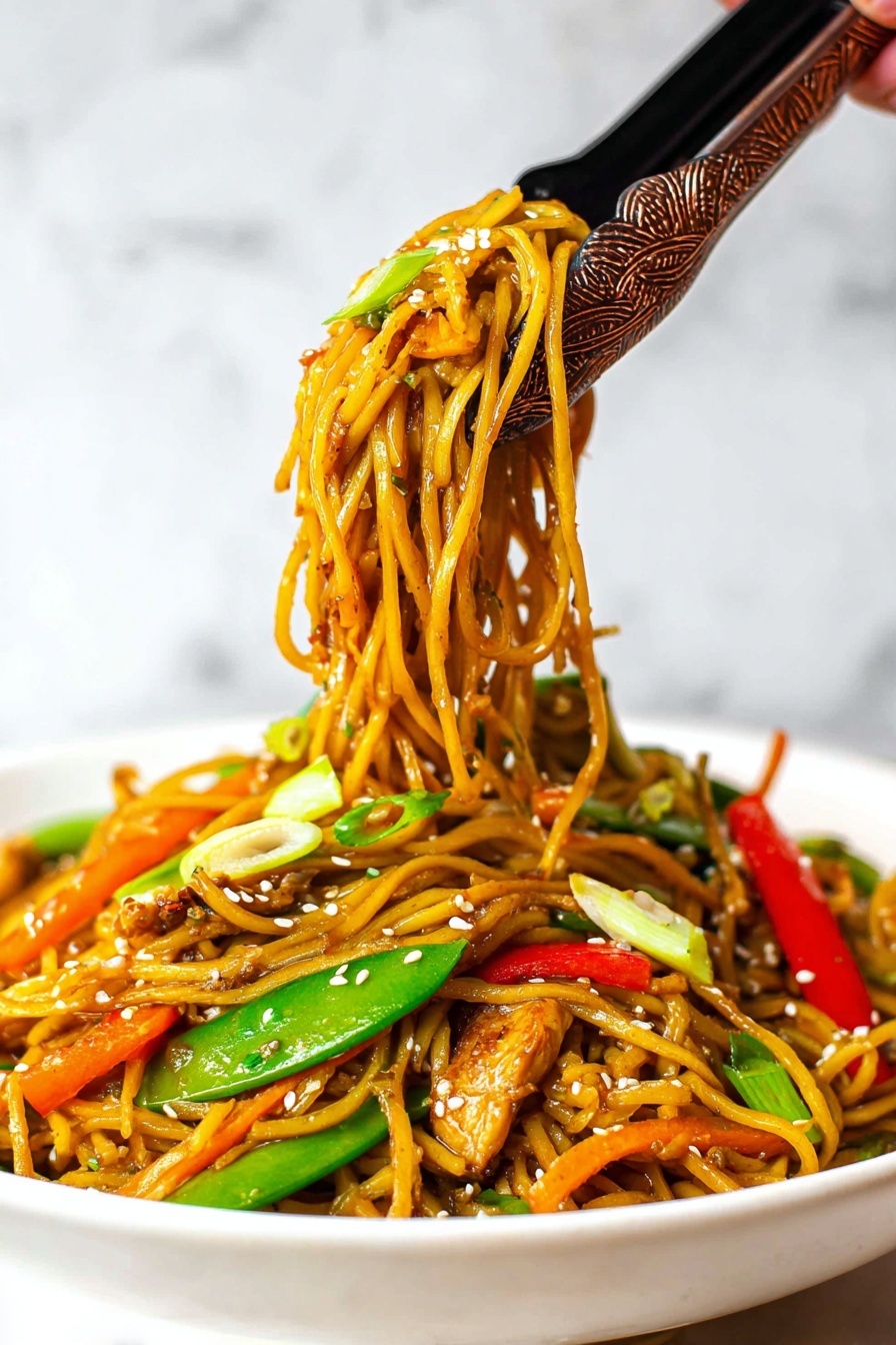 A close-up of a white bowl filled with stir-fried noodles that are golden brown and shiny. The noodles are mixed with green snap peas, red bell pepper slices, thin orange carrot strips, and pieces of light brown cooked chicken. There are also some green onion stalks visible in the bowl. White sesame seeds are sprinkled on top of the noodles. Woman's hand holding black and copper tongs lifts a serving of noodles with vegetables from the bowl. The background has a white marbled texture. photo taken with an iphone --ar 2:3 --v 7