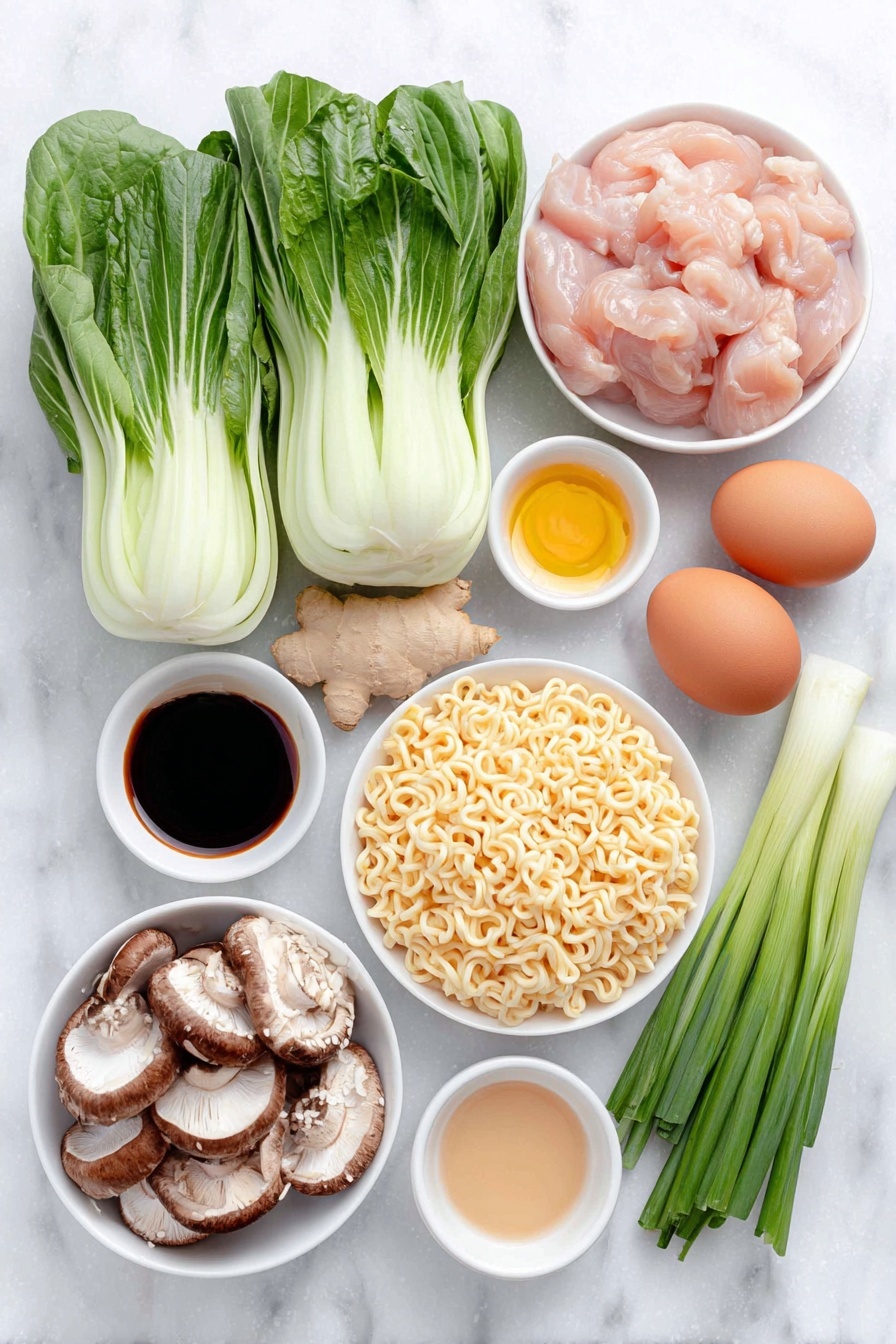 Flat lay of two large baby bok choy halves with vibrant green leaves and white stems, two whole uncracked brown eggs, four boneless skinless chicken thighs with a natural pinkish tone, fresh minced ginger root pieces, fresh minced garlic cloves, four thinly sliced shiitake mushrooms showing dark caps and creamy gills, one small white ceramic bowl of golden neutral oil, one small white ceramic bowl of light brown soy sauce, one small white ceramic bowl of light beige dashi powder, fresh uncooked instant ramen noodles in their characteristic wavy, thin curly shape, a small white ceramic bowl of bright yellow cooked corn kernels, a small white ceramic bowl of amber toasted sesame oil, a small white ceramic bowl of off-white toasted sesame seeds, and four fresh green onion stalks with vibrant green tops and white bottoms neatly arranged, all placed on a clean white marble surface, soft natural light, photo taken with an iPhone, professional food photography style, fresh ingredients, white ceramic bowls, no bottles, no duplicates, no utensils, no packaging --ar 2:3 --v 7 --p m7354615311229779997