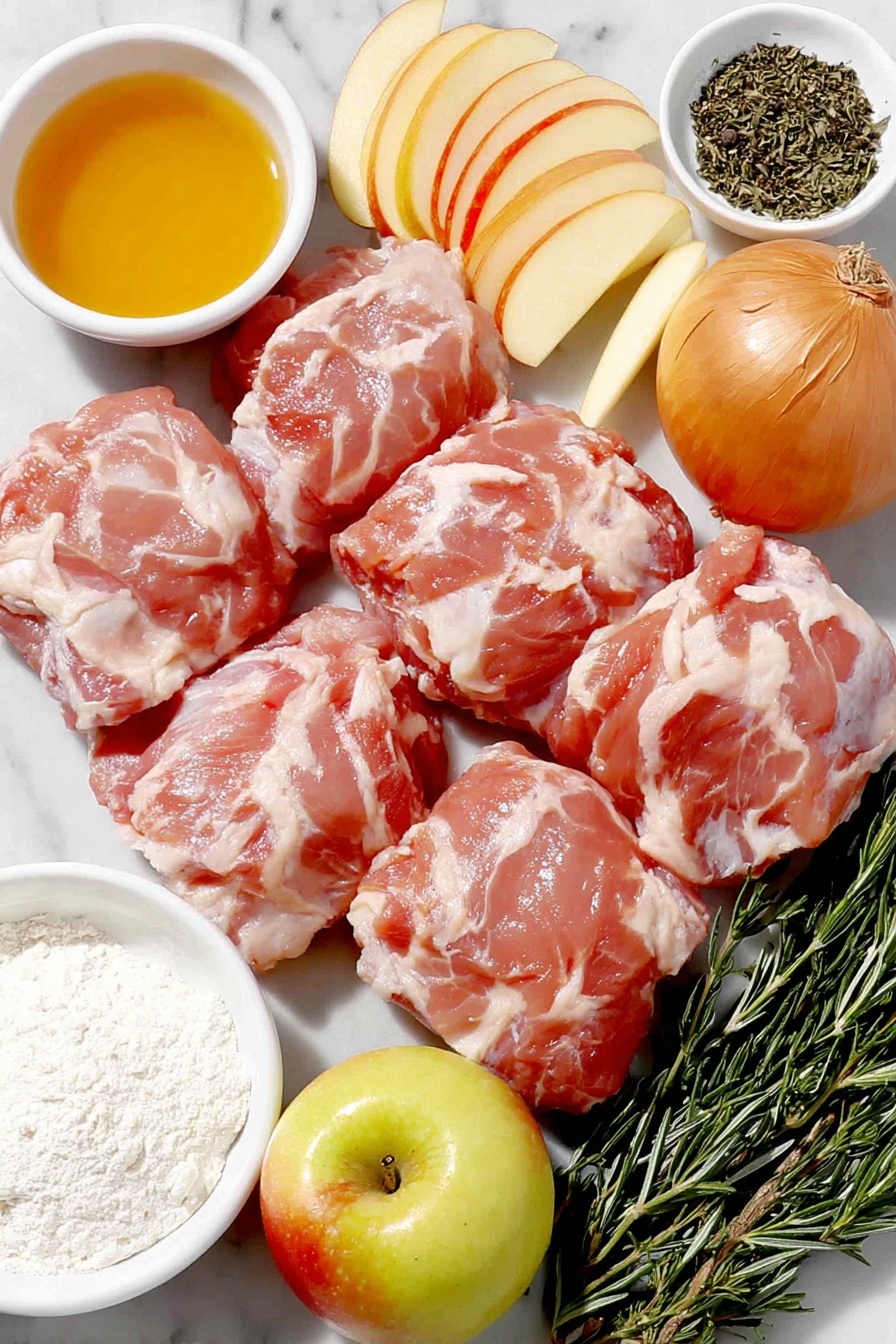 Flat lay of fresh boneless skinless chicken thighs with trimmed fat, a small white bowl of golden cooking oil, a small white bowl containing a mix of dried thyme and dried sage, a small white bowl of coarse sea salt, a small white bowl of cracked black peppercorns, a few whole cloves of garlic, a small white bowl of creamy butter, thinly sliced yellow onion arranged neatly, fresh apple wedges with bright red and green skin, a small white bowl filled with golden apple cider, a small white bowl of rich chicken broth, and a small white bowl with smooth white flour, all arranged with perfect symmetry on a clean white marble surface, soft natural light, photo taken with an iPhone, professional food photography style, fresh ingredients, white ceramic bowls, no bottles, no duplicates, no utensils, no packaging --ar 2:3 --v 7 --p m7354615311229779997