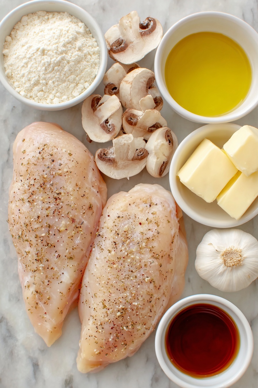 Flat lay of two large raw chicken breasts seasoned with salt, pepper, and a sprinkle of garlic powder, a small mound of all-purpose flour, thin slices of fresh cremini mushrooms, a single large garlic clove peeled, a few pats of creamy butter, a small white ceramic bowl filled with golden olive oil, another small white bowl containing rich heavy cream, and a small white bowl holding deep amber Marsala wine, all arranged symmetrically on a clean white marble surface, soft natural light, photo taken with an iPhone, professional food photography style, fresh ingredients, white ceramic bowls, no bottles, no duplicates, no utensils, no packaging --ar 2:3 --v 7 --p m7354615311229779997