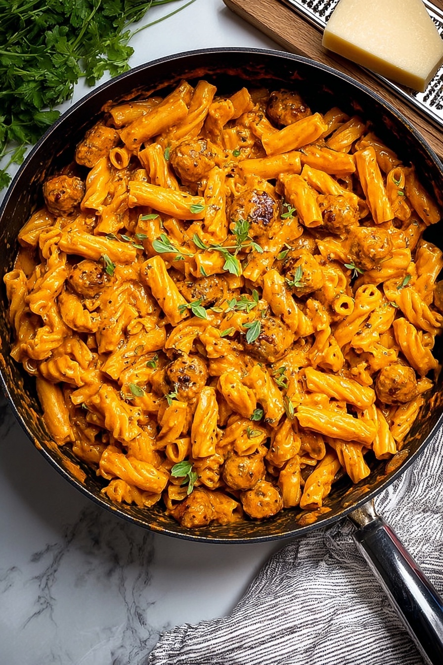 A black pan filled with rigatoni pasta covered in a creamy orange sauce with visible herbs mixed throughout, giving the pasta a shiny and smooth texture. Small green herb leaves are scattered on top as garnish, contrasting with the rich color of the sauce. The pan is placed on a white marbled surface with a striped cloth and a block of cheese with a grater nearby, adding a cozy kitchen feel. photo taken with an iphone --ar 2:3 --v 7