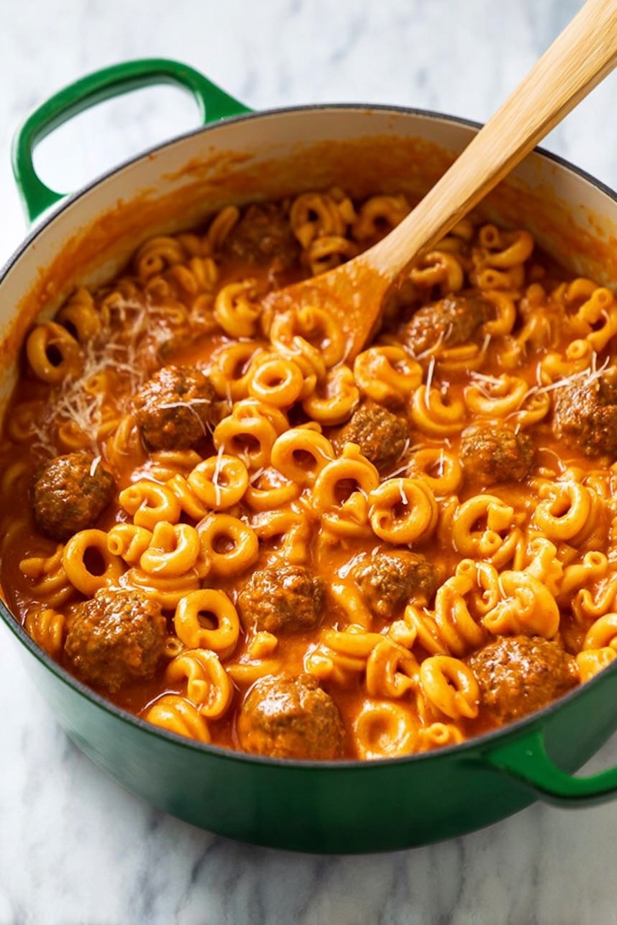 A large green pot filled with a mix of small, ring-shaped pasta and round meatballs covered in a thick, orange-red sauce. The pasta rings are soft and curly, scattered evenly throughout the dish. The meatballs are brown and round, blending well with the sauce and pasta. A wooden spoon is partially dipped into the food, stirring the mixture. The pot is set on a white marbled surface. photo taken with an iphone --ar 2:3 --v 7