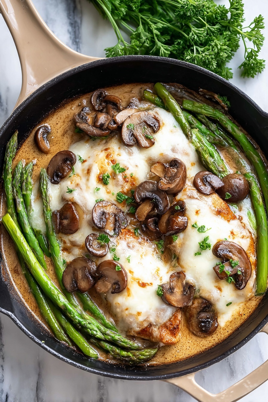 In a black skillet with a beige handle, there are three pieces of food layered with melted white cheese on top, surrounded by a light brown creamy sauce. On top of the cheese and sauce, there are several brown sliced mushrooms evenly spread out. Bright green asparagus stalks are placed around and on the food, adding contrast to the creamy and mushroom layers. The skillet sits on a white marbled surface with a small bunch of green parsley partly visible on the upper left side. Photo taken with an iphone --ar 2:3 --v 7
