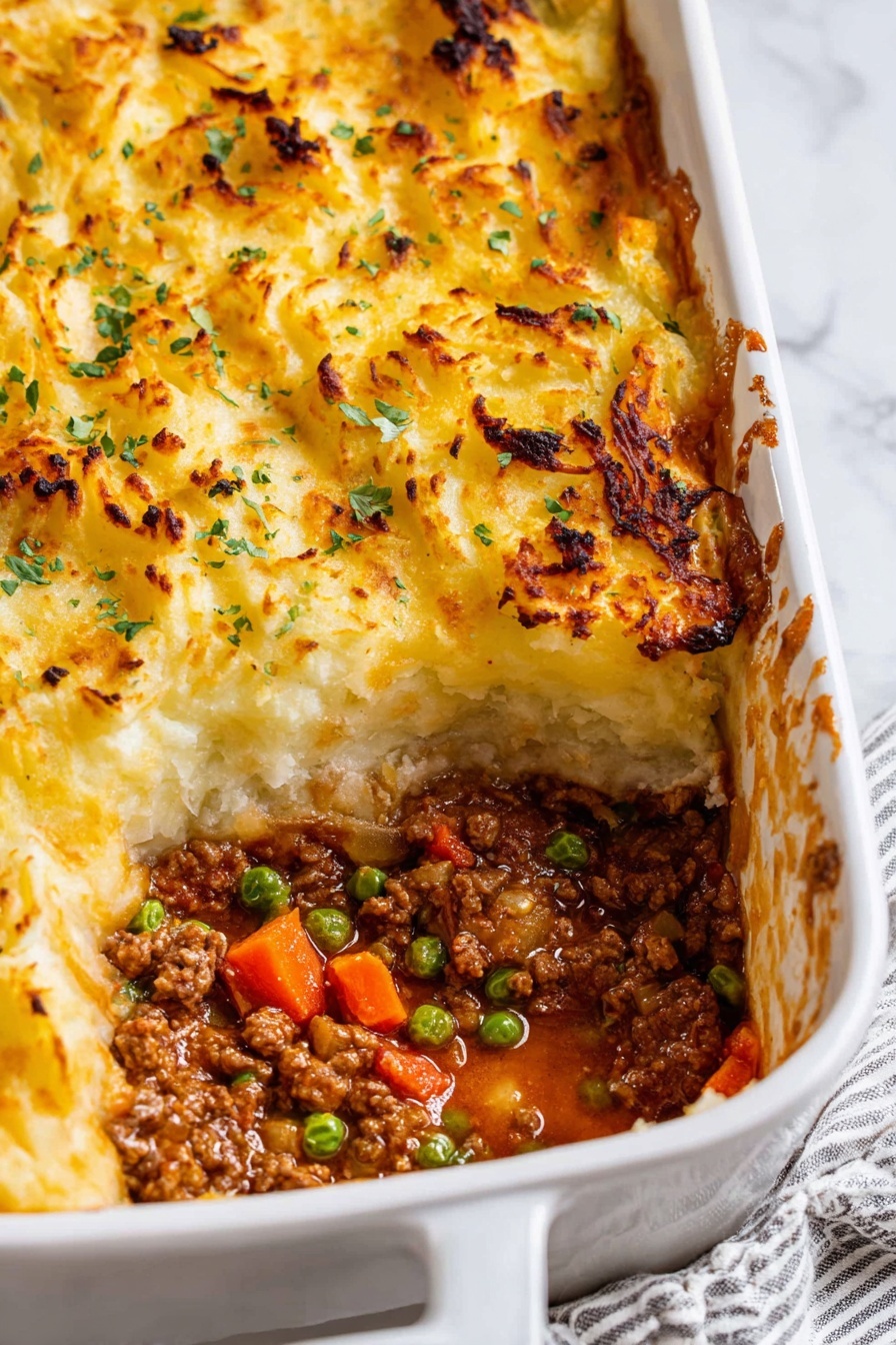 The image shows a white baking dish with a layered shepherd's pie. The top layer is a textured, golden-brown mashed potato crust with small charred spots and some chopped green herbs sprinkled on it. Underneath, there is a thick layer of cooked ground meat mixed with green peas, small carrot pieces, and a rich brown gravy with a slightly shiny, moist texture. The corner of the pie is scooped out, revealing the layers clearly. The dish is placed on a white marbled surface with a striped cloth partly visible at the bottom edge. Photo taken with an iphone --ar 2:3 --v 7