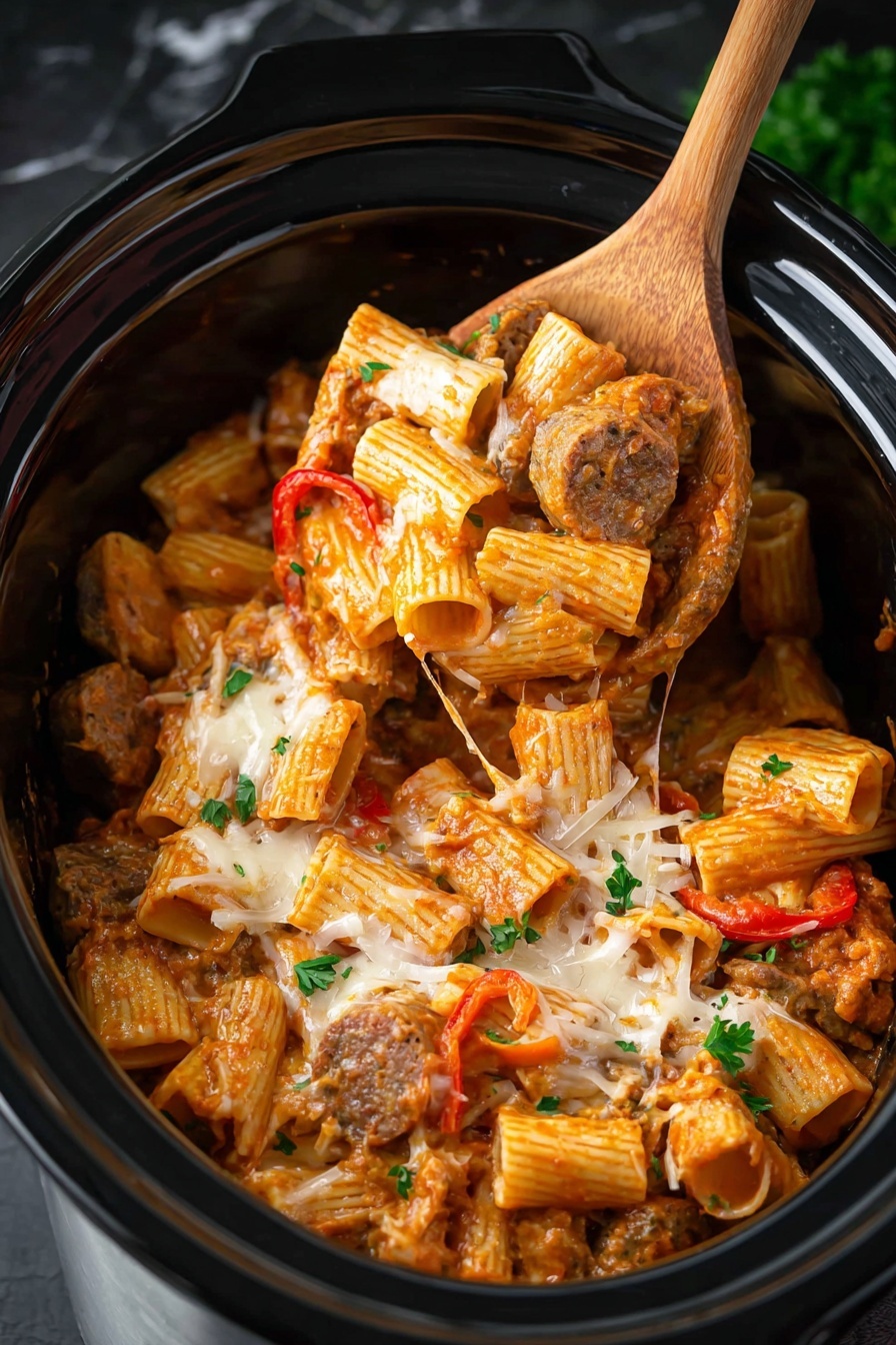 The image shows a black slow cooker filled with a pasta dish. The pasta is rigatoni with a reddish-orange sauce, mixed with sliced sausage pieces, thin slices of green and red peppers, and melted white cheese scattered on top. There are small bits of green parsley sprinkled over the dish. A wooden spoon is scooping up some pasta from the right side of the slow cooker, with the pasta, sausage, and cheese visibly hanging from the spoon. The background is black marbled texture. photo taken with an iphone --ar 2:3 --v 7