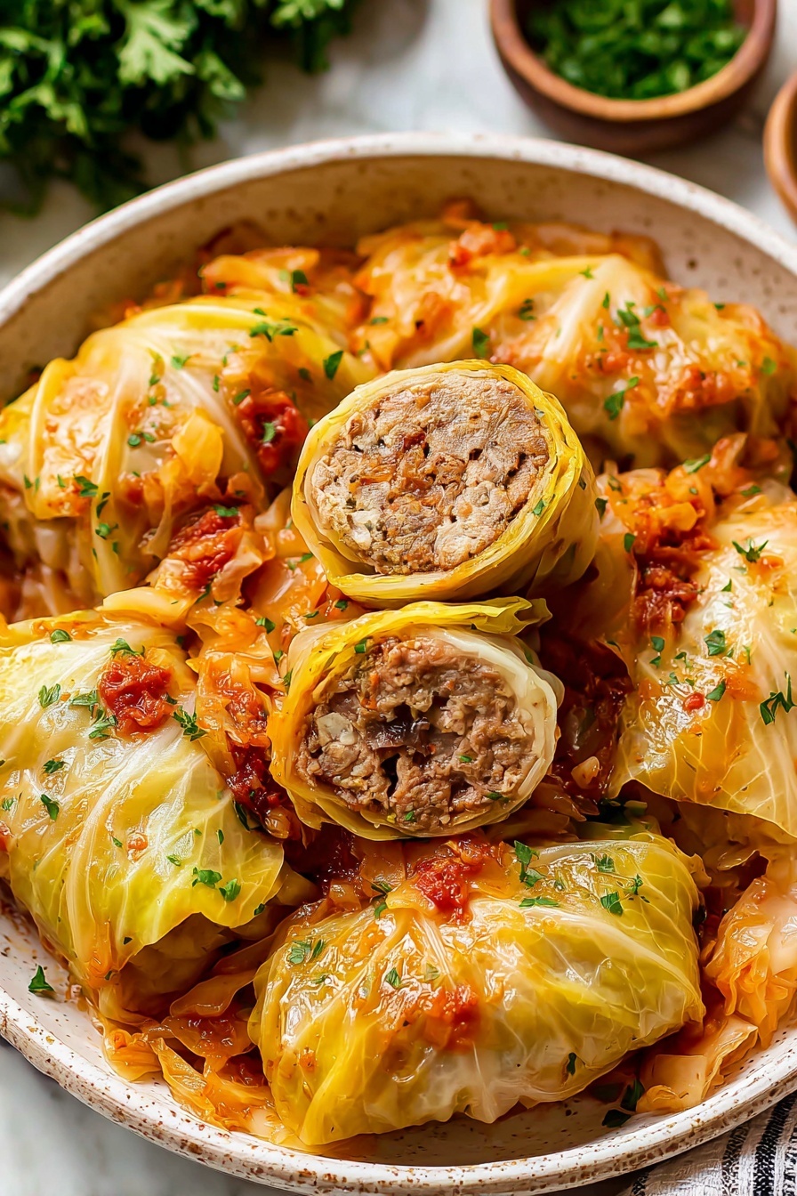 A close-up of stuffed cabbage rolls arranged in a round white ceramic bowl, filled with light yellow cabbage leaves wrapped around a ground meat and rice mixture, which is visible in one roll cut in half at the top center. The rolls sit on a bed of soft cooked cabbage and reddish-orange sauced bits, garnished with small green chopped herbs. The texture is soft and tender with a glossy, slightly oily finish. The bowl is on a white marbled surface with some out-of-focus green herbs in the background and a small part of another bowl on the right. The photo taken with an iphone --ar 2:3 --v 7