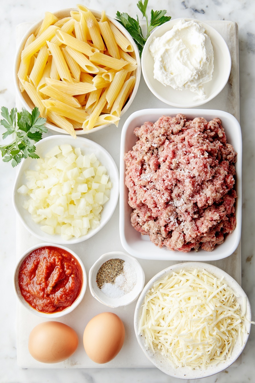 Flat lay of a small pile of uncooked penne pasta, a mound of fresh lean ground beef, a small heap of diced yellow onion, two whole garlic cloves with papery skin, a few sprigs of fresh parsley, a small white ceramic bowl of Italian seasoning mix, a small white ceramic bowl of kosher salt, a small white ceramic bowl filled with bright red marinara sauce, a dollop of creamy ricotta cheese on a simple white plate, a small pile of shredded mozzarella cheese on a white ceramic dish, a small pile of shredded parmesan cheese on a matching white plate, two whole brown eggs with clean shells placed neatly to one side, all arranged with perfect symmetry on a simple clean white ceramic surface, no duplicates, no packaging, no utensils, no bottles, no cutting boards, no napkins, placed on a clean white marble surface, soft natural light, photo taken with an iPhone, professional food photography style, fresh ingredients, white ceramic bowls, no bottles, no duplicates, no utensils, no packaging --ar 2:3 --v 7 --p m7354615311229779997