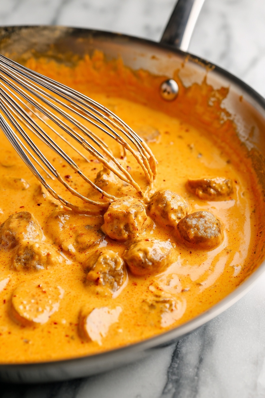 A white plate holds a dish with three layers: the bottom layer is orange creamy sauce that covers spiral pasta, giving it a smooth, shiny texture; mixed into the pasta are dark green spinach leaves that add freshness; on top of the pasta layer are several round slices of browned sausage with a slightly crispy surface. On the left side of the plate are five thick pieces of sliced golden-brown cooked chicken, laid side by side and drizzled with the same orange sauce. A silver fork at the bottom right spears one sausage slice and some pasta. The dish is placed on a white marbled surface. photo taken with an iphone --ar 2:3 --v 7